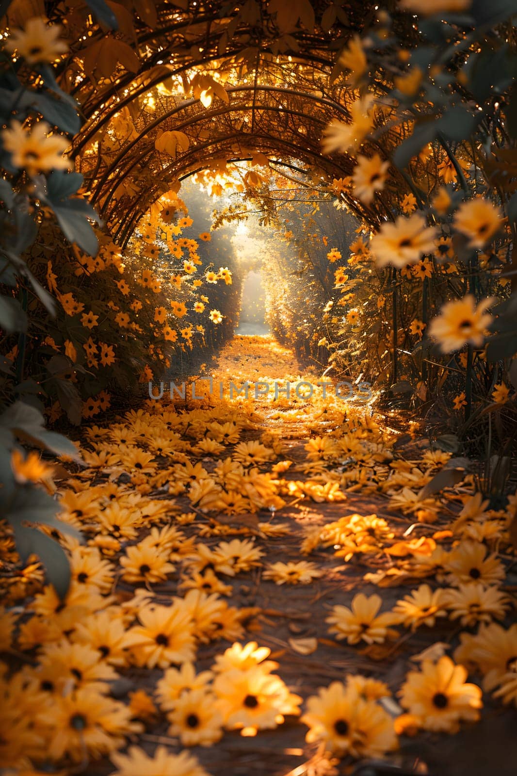 A tunnel lined with yellow flowers and leaves creates a natural landscape artwork, with sunlight filtering through the deciduous trees creating beautiful tints and shades