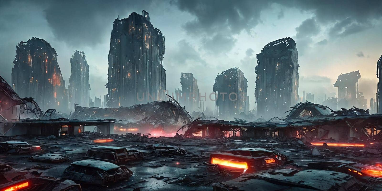 Ruins of a Futuristic Society. Futuristic buildings in ruins, featuring crumbling high-tech architecture, holographic signs flickering, and remnants of advanced technology scattered around.