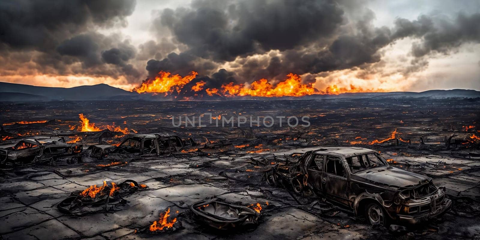 Devastated Landscapes. Disaster with scorched earth, smoldering wreckage, and a bleak atmosphere that conveys the destruction that occurred.