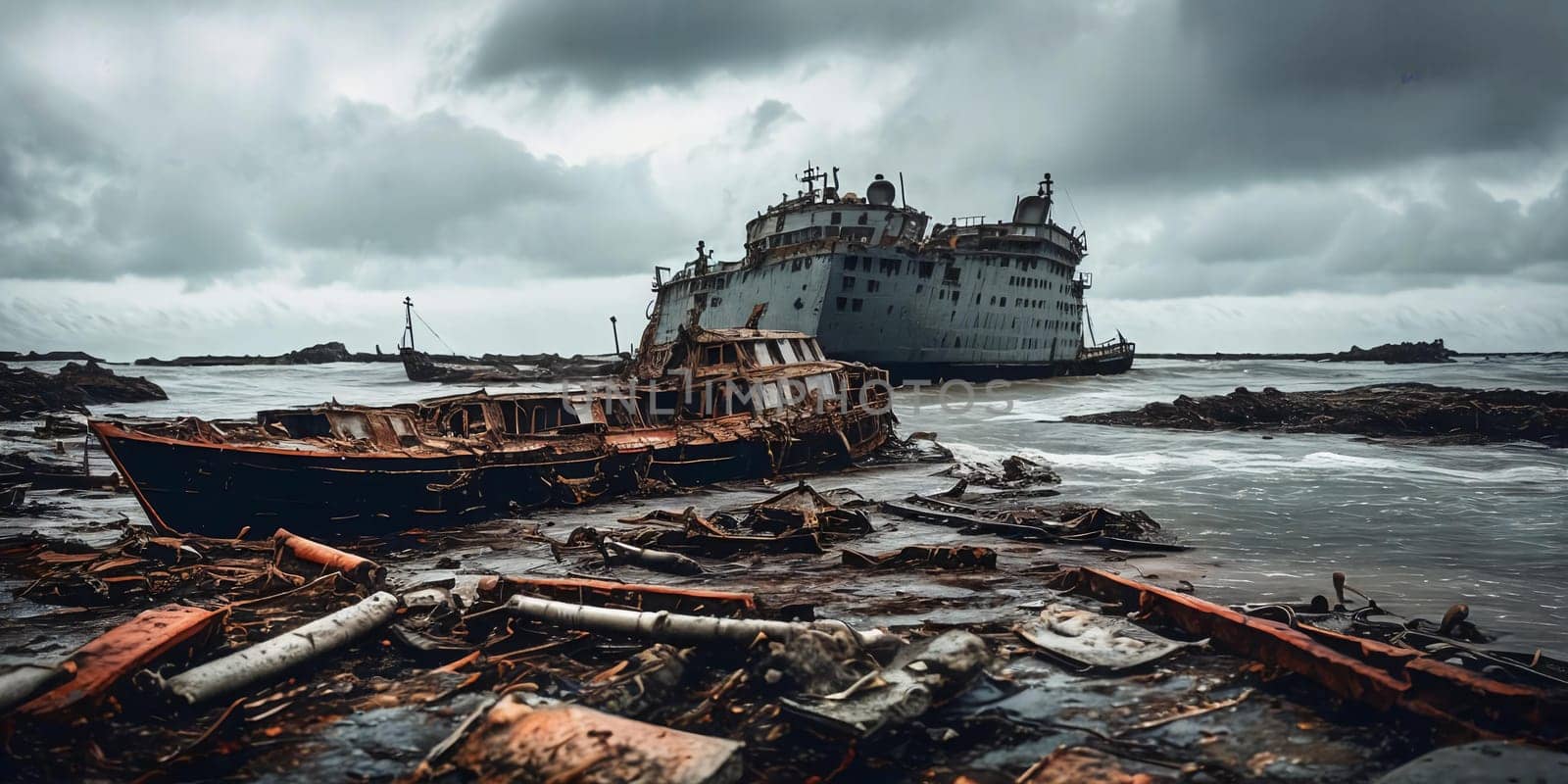 Shipwrecked World. Post-apocalyptic coastal scene with sunken ships, washed-up debris, and a desolate shoreline overlooking a vast and unforgiving sea.