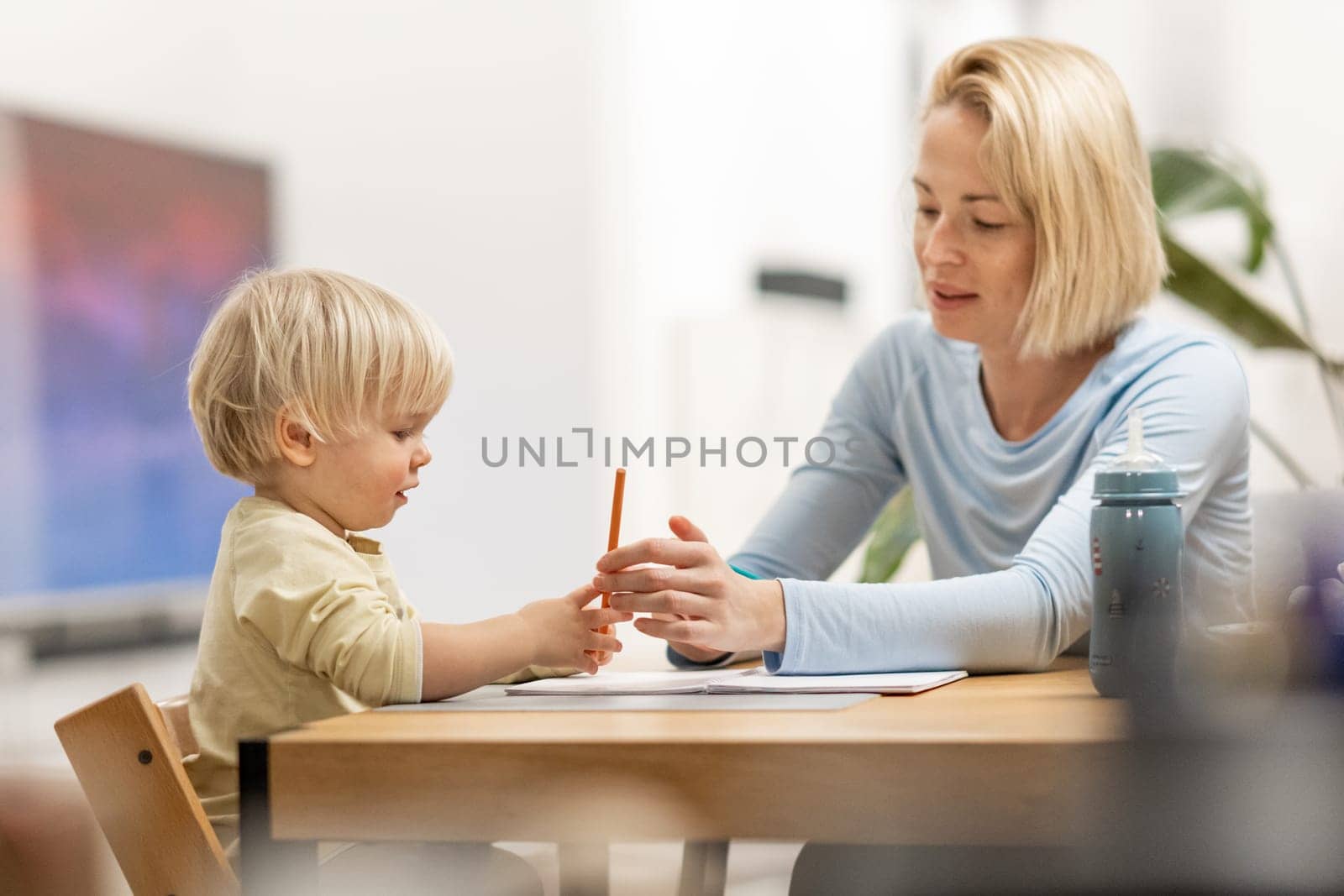 Caring young Caucasian mother and small son drawing painting in notebook at home together. Loving mom or nanny having fun learning and playing with her little 1,5 year old infant baby boy child. by kasto