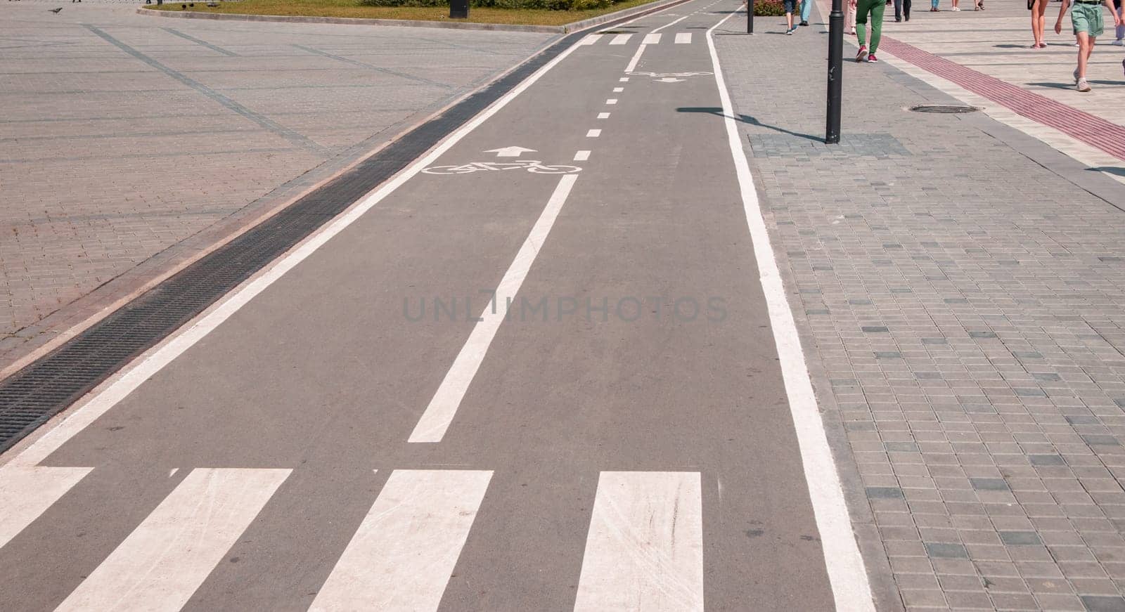 A sign of a bicycle path and pedestrian crossing on the asphalt in a city park, close-up by claire_lucia