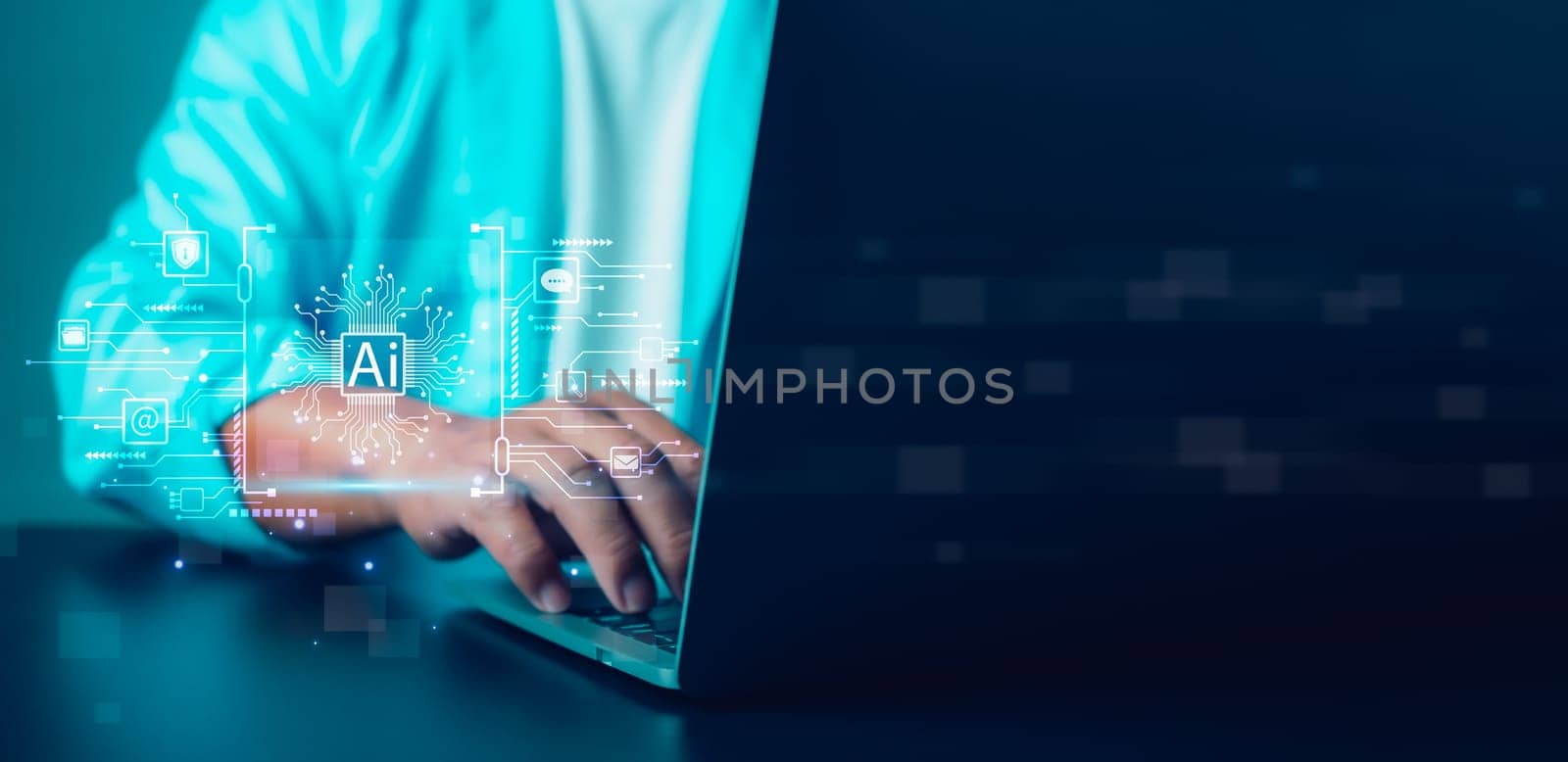 Businessman shows icon on using artificial intelligence (Ai) technology with virtual screen showing dangerous software access or online hacker threat, cyber security concept. by Unimages2527