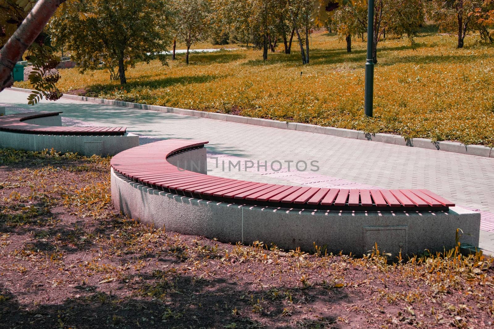 Close-up of a brown wooden bench in the shape of an arc in a summer city park, pink tinted by claire_lucia