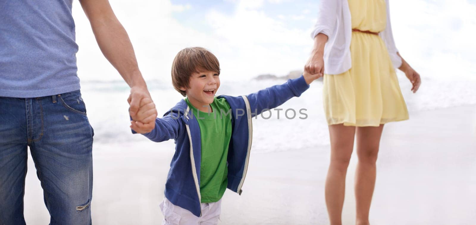Happy, kid and holding hands with parents on the beach for walk in summer, holiday or vacation with happiness. Excited, child and family together in banner at ocean or sea for adventure in Florida.