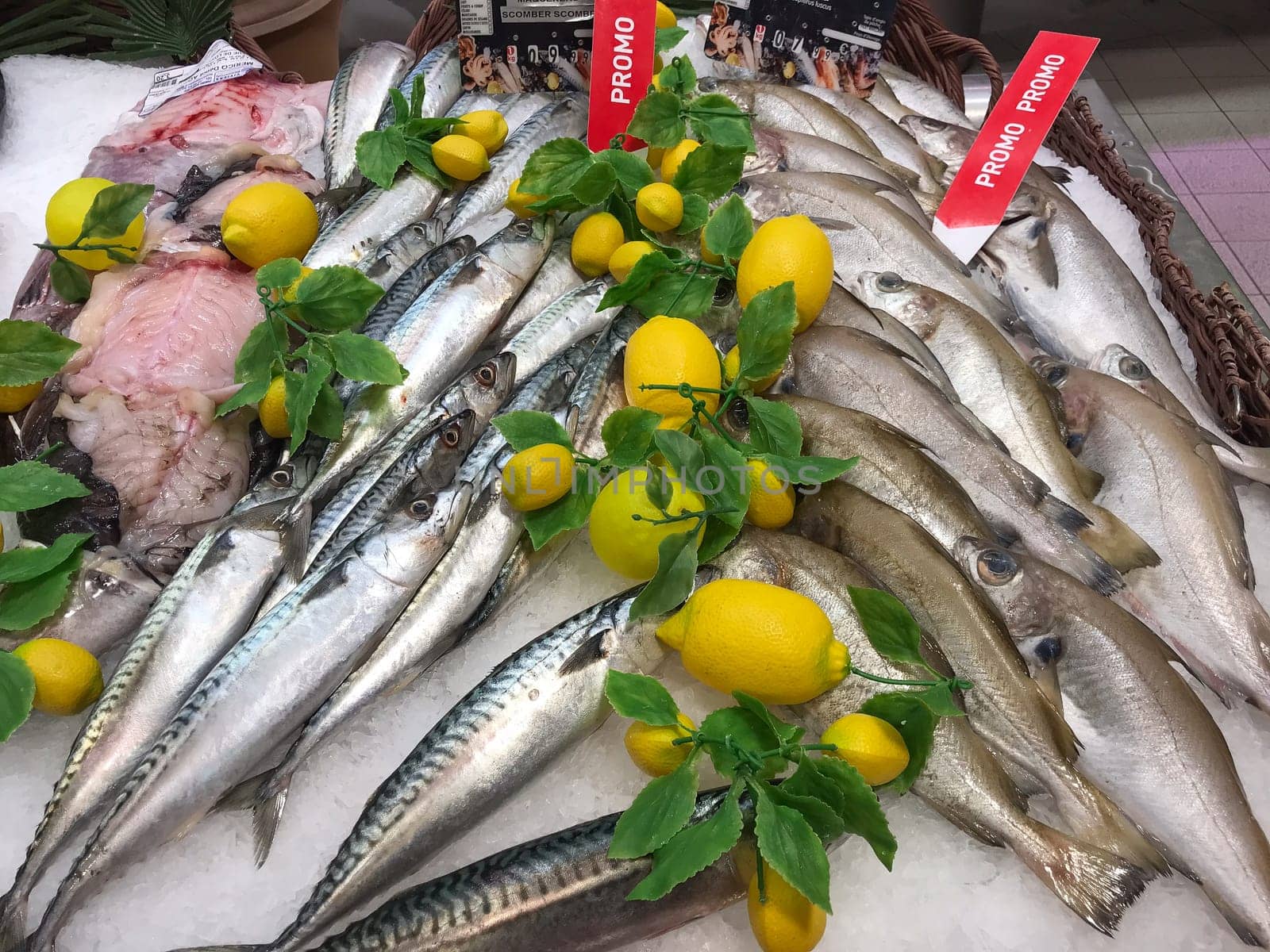 FRANCE, BORDEAUX, February, 9, 2024: Assortment of fresh daily fish on ice market in supermarket by FreeProd