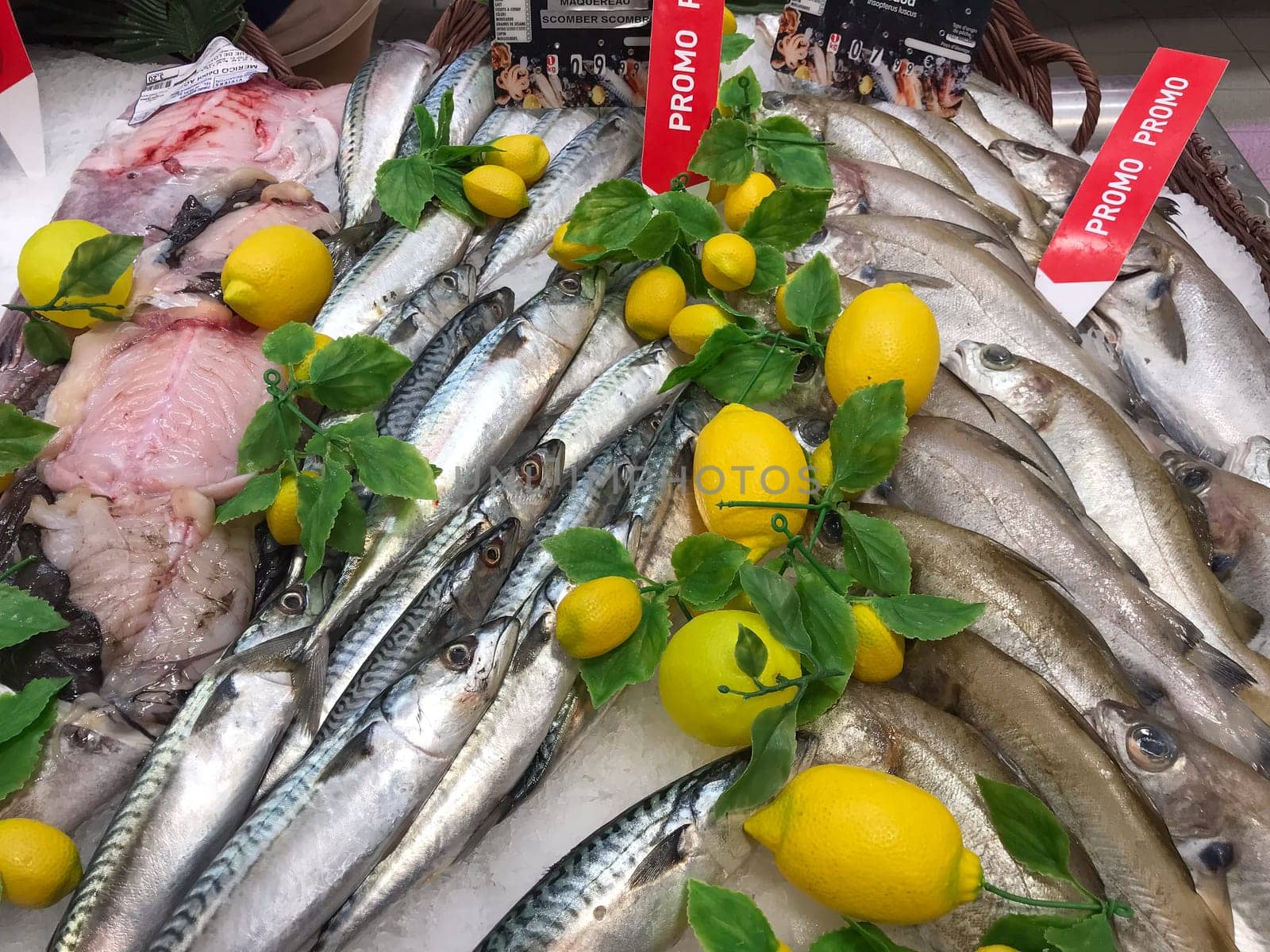 FRANCE, BORDEAUX, February, 9, 2024: Assortment of fresh daily fish on ice market in supermarket, High quality photo