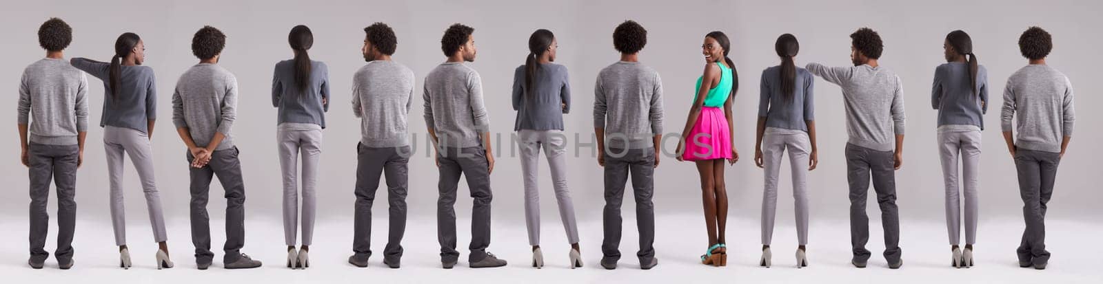 Portrait, collage or smile of black woman in studio with man isolated on a gray background. Fashion, montage or group of people with African couple in casual clothes, color or standing out with clone by YuriArcurs