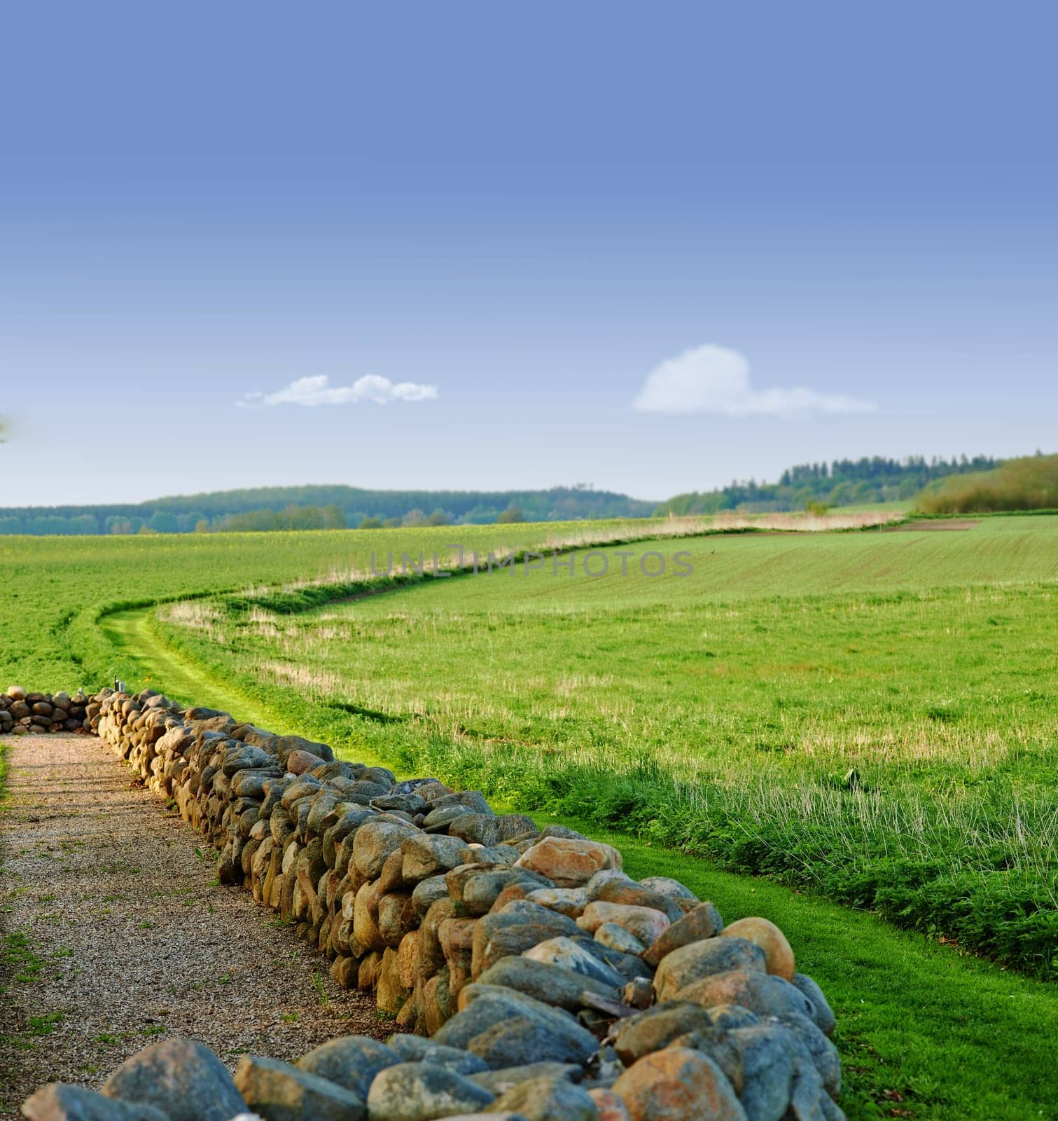 Sky, field and stone wall in countryside for farming, agro growth or crops for development in nature. Background, travel and landscape of meadow horizon, lawn or natural pasture for grass and ecology.