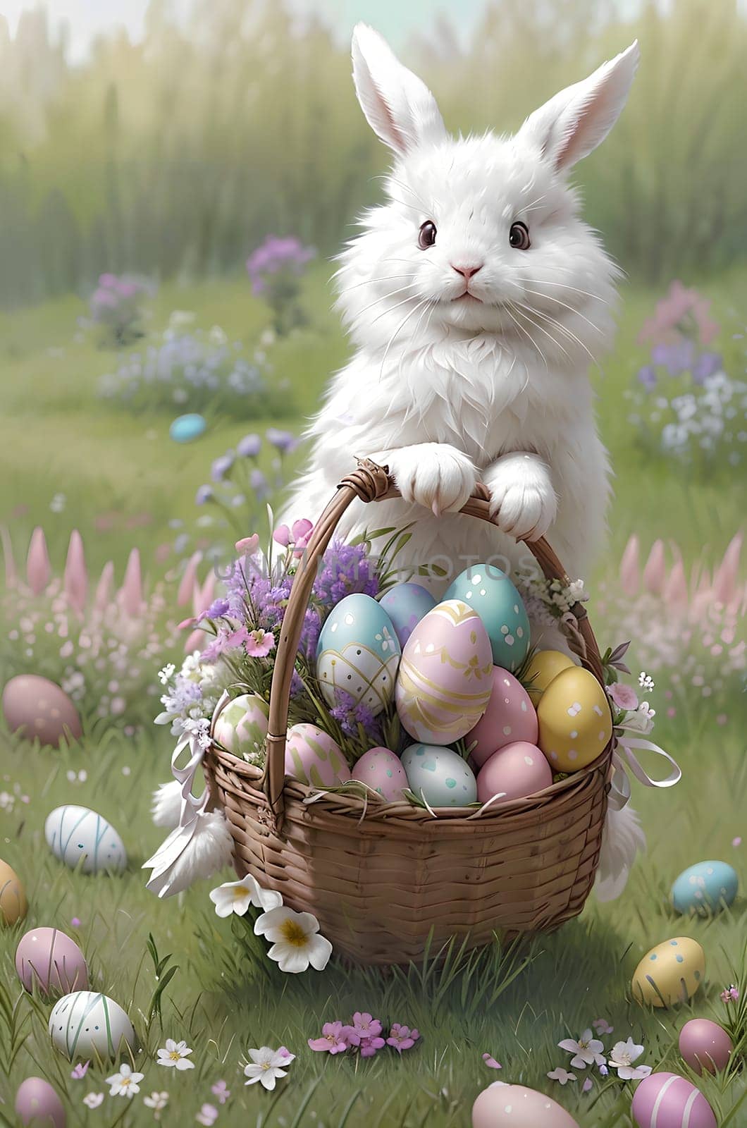 White bunny with Easter eggs in nature. by Rawlik