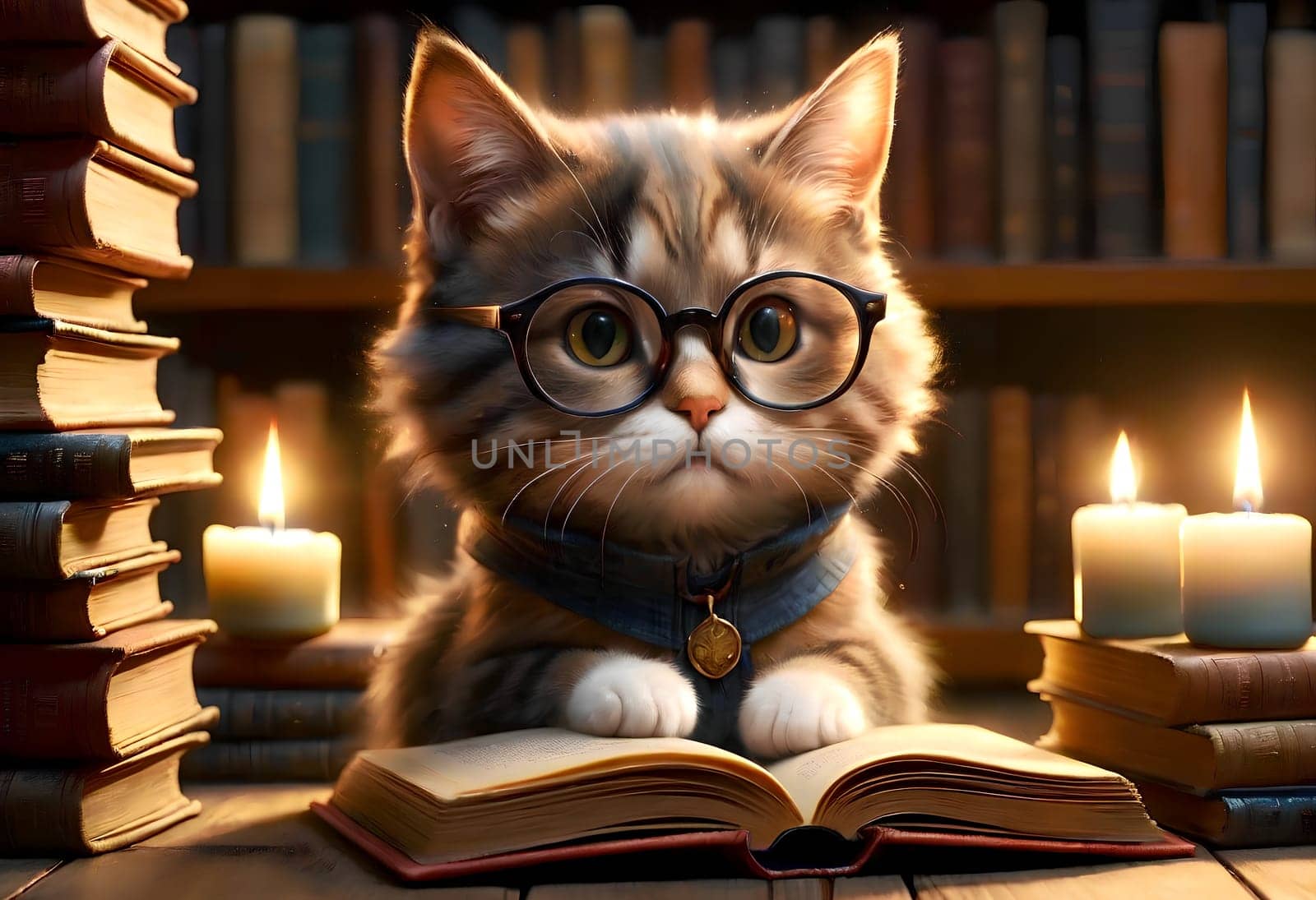 A smart cat with glasses reads a book in the evening in the library, a quiet evening by candlelight. AI generated image.