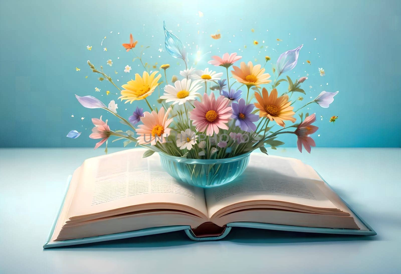 open book with a bouquet of wildflowers in a magical style on a blue background. by Rawlik