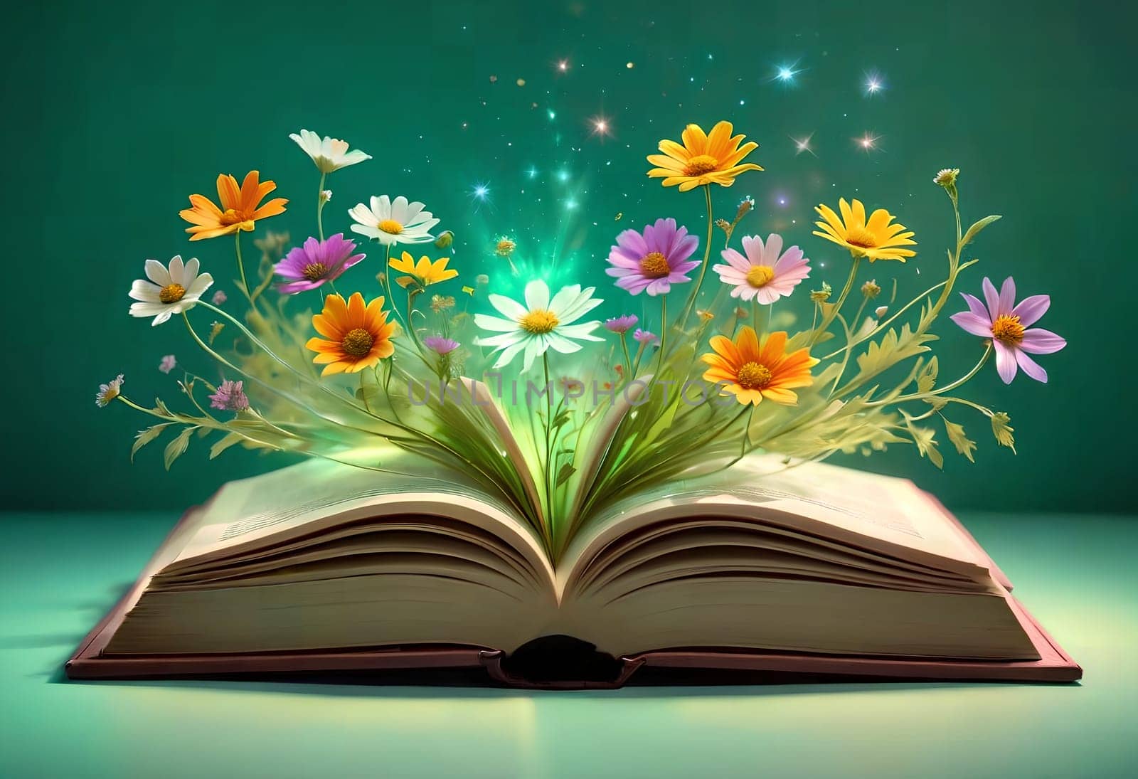 open book with a bouquet of wildflowers in a magical style on a green background. by Rawlik