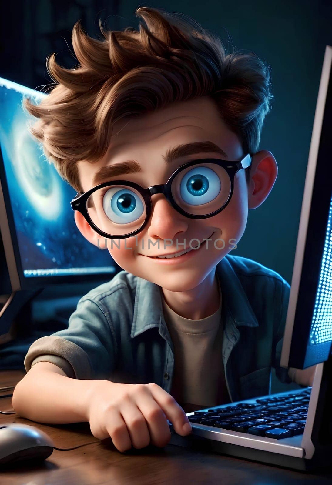 animated portrait of a webmaster sitting near a computer monitor with big round eyes. AI generated image.