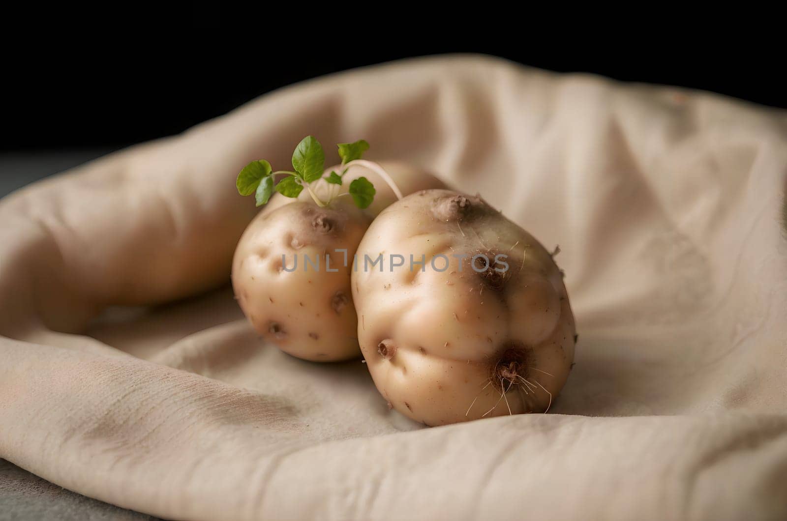 Spring potatoes with sprouted sprouts, ready for planting in the ground. AI generated image.