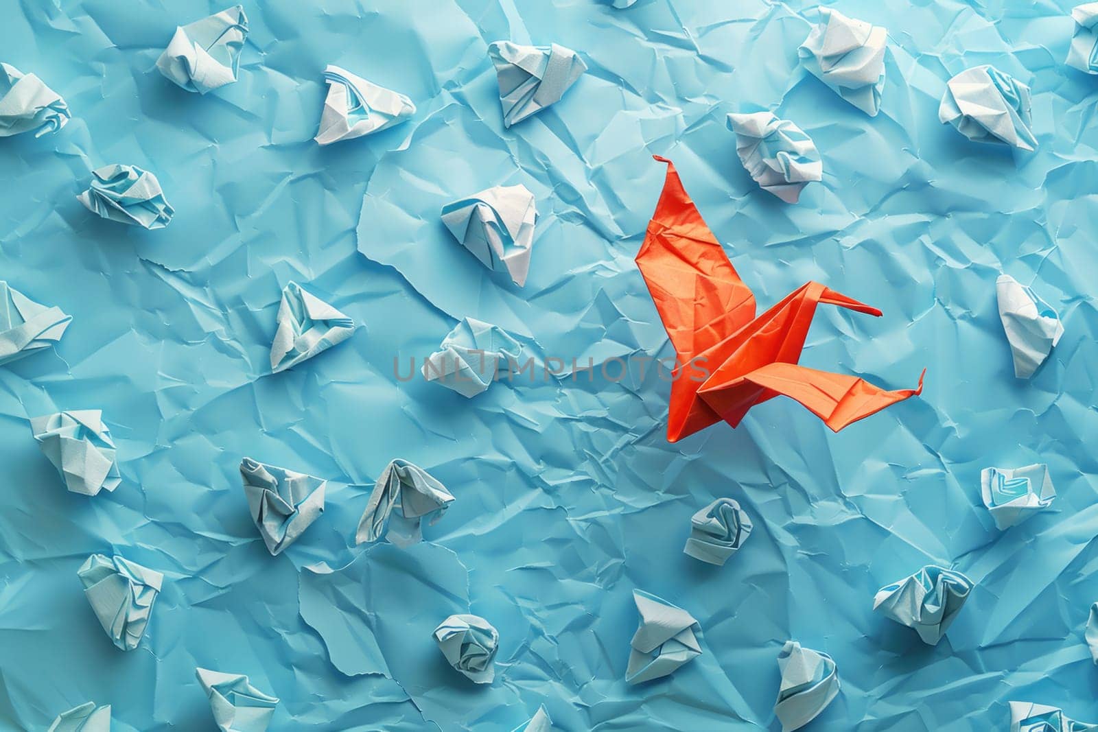Concept of new idea and creative thinking as a symbol of innovation and inspiration. metaphor as a group of crumpled papers with one different paper transforming into an origami bird in flight. ai generated