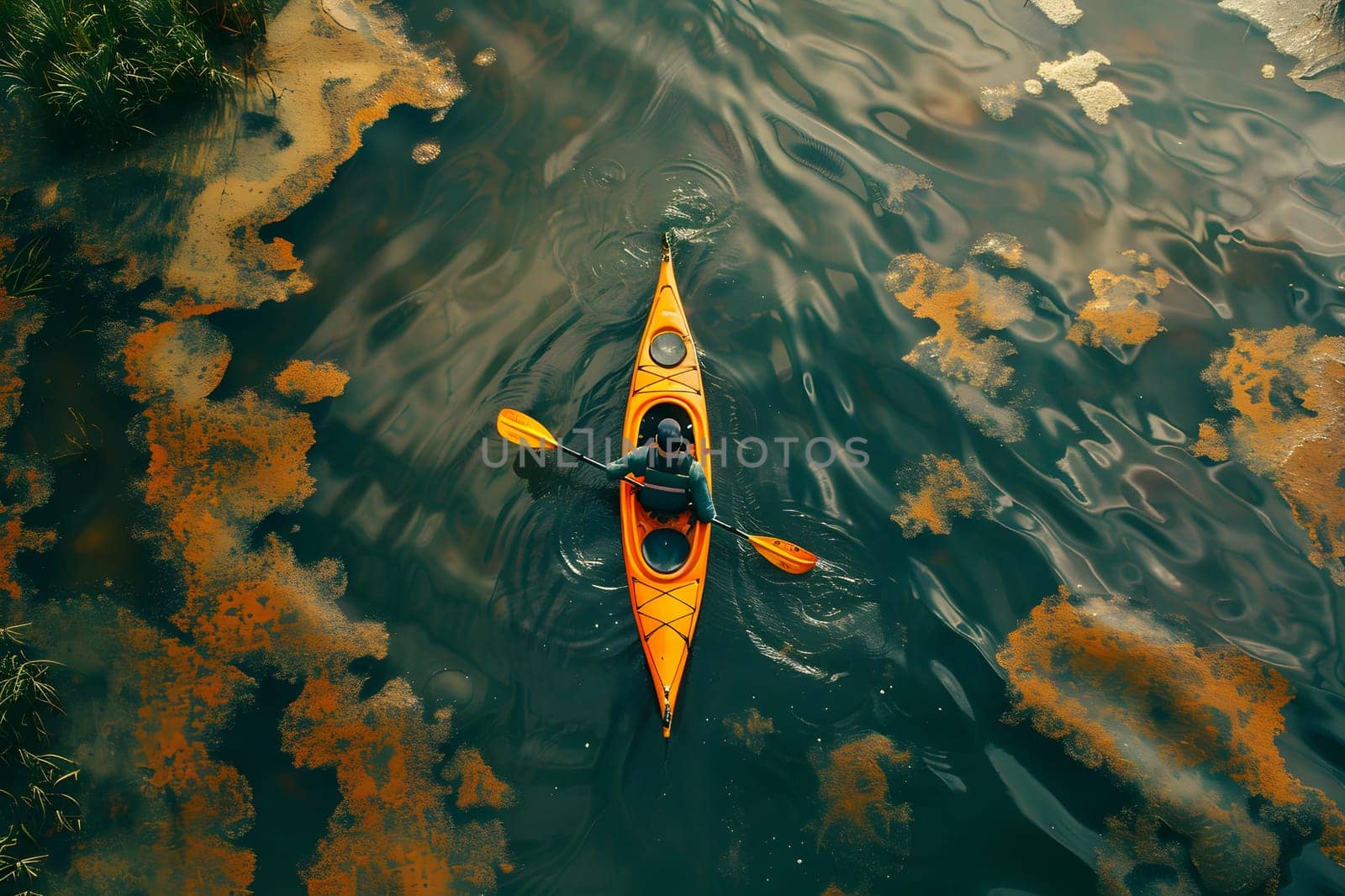 Orange kayak seen from above on river water, fish swim underneath by Nadtochiy