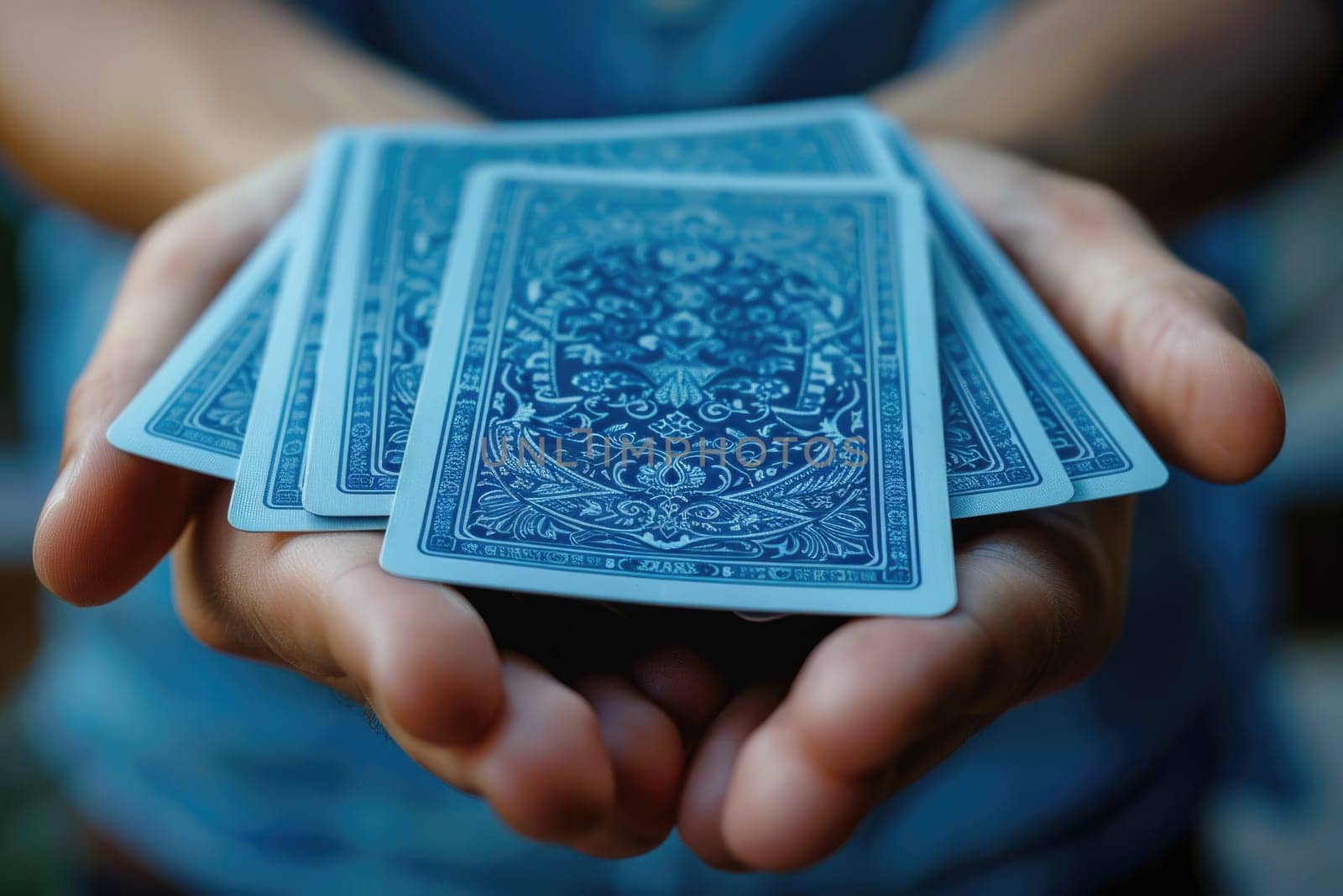 blue metaphorical psychological asocial cards in hands. ai generated