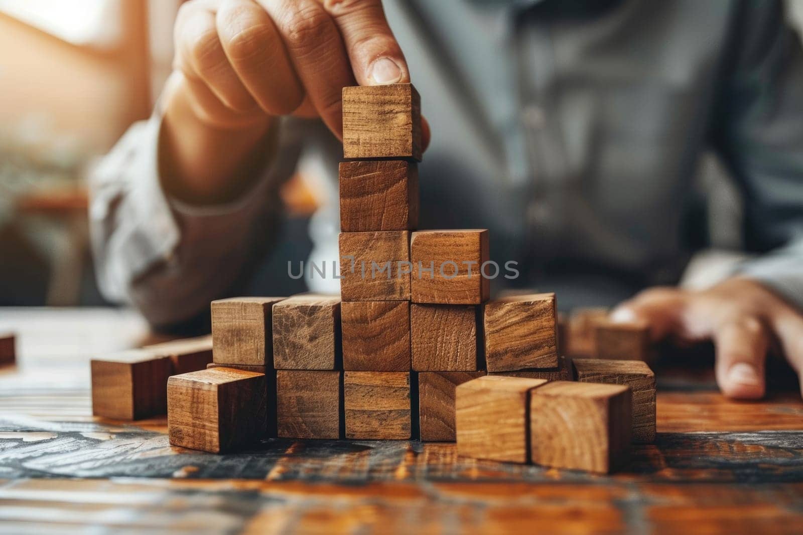 business man try to build wood block on wooden table and blur background business organization startup concept. ai generated