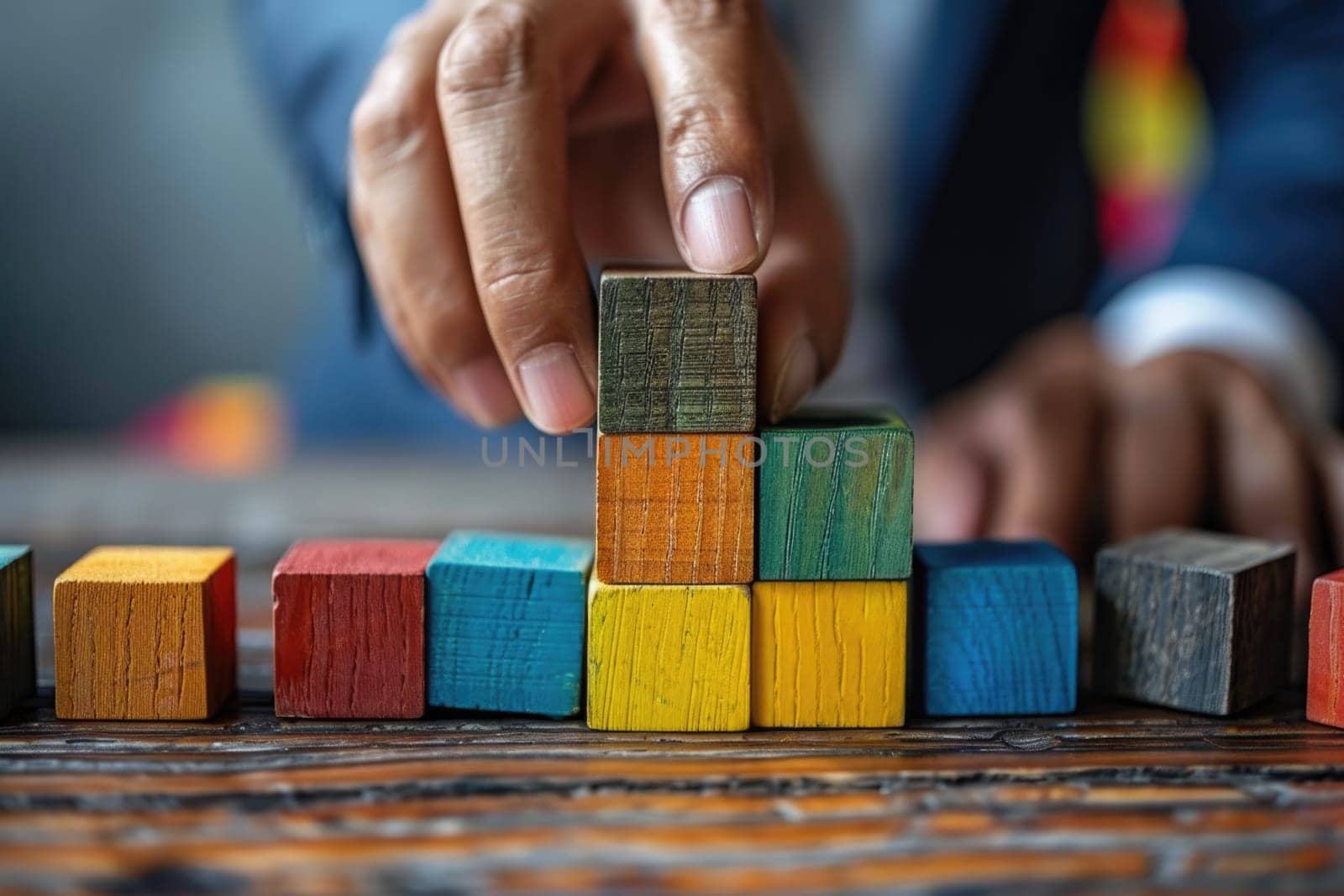 business man try to build wood block on wooden table and blur background business organization startup concept. ai generated