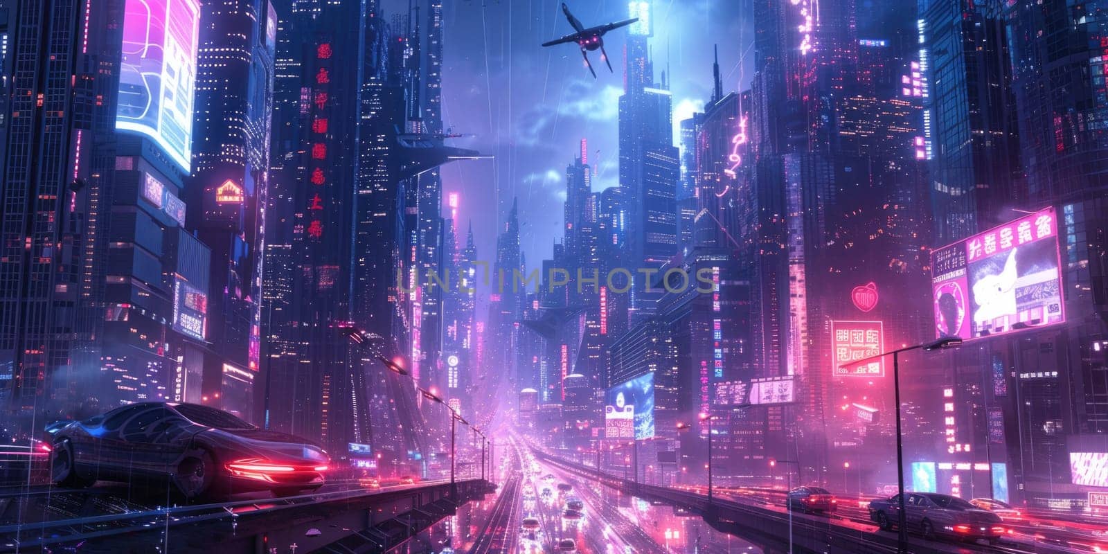 Futuristic city glows with soft hues, complemented by the sleek design of hovering vehicles above the vibrant skyline. Resplendent.