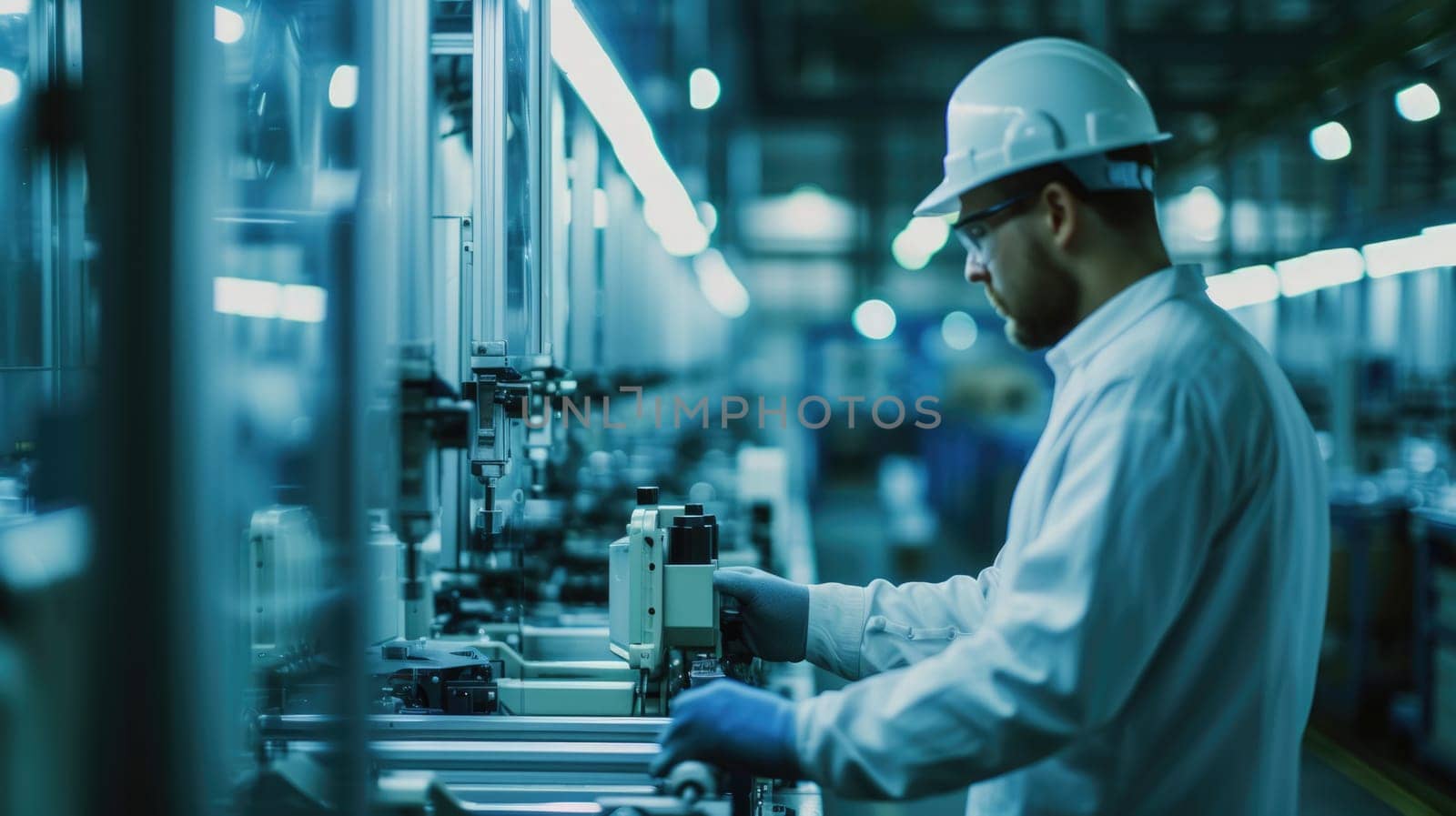 An engineer attentively monitors automated robotic arms in a high-tech industrial setting, highlighting modern manufacturing processes. AIG41