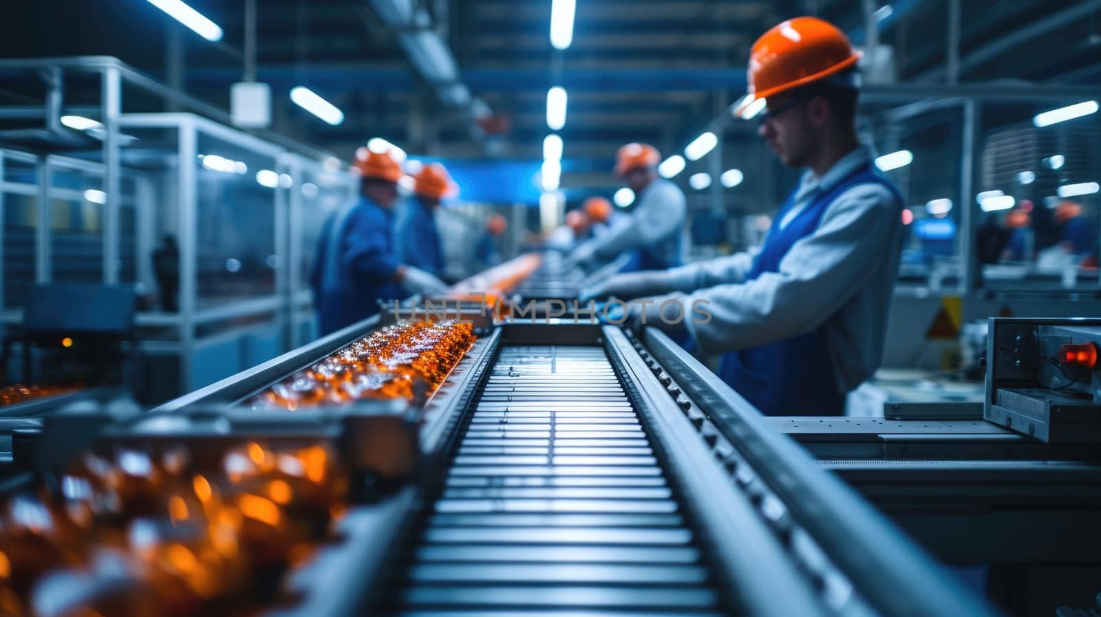 A group of men are engaged in mass production on a conveyor belt in a factory, utilizing machines and engineering skills. AIG41