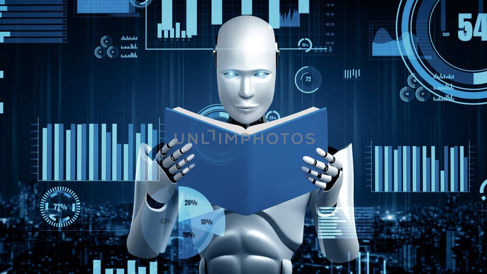 XAI 3d illustration Future financial technology controll by AI robot huminoid uses machine learning and artificial intelligence to analyze business data and give advice on investment and trading decision. 3D rendering.