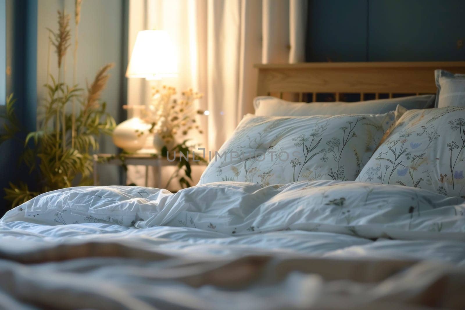 A cozy bedroom setting with a focus on a comfortable bed adorned with knit blankets. Soft lighting and warm decor create a welcoming atmosphere for rest