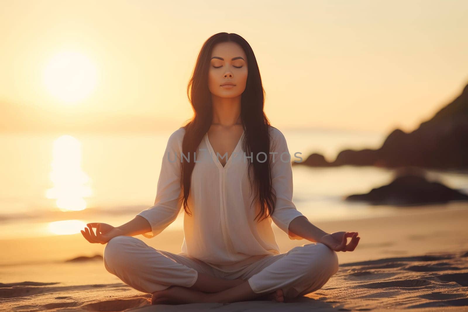A serene woman practices yoga meditation at beach during sunset, embodying peace and harmony.