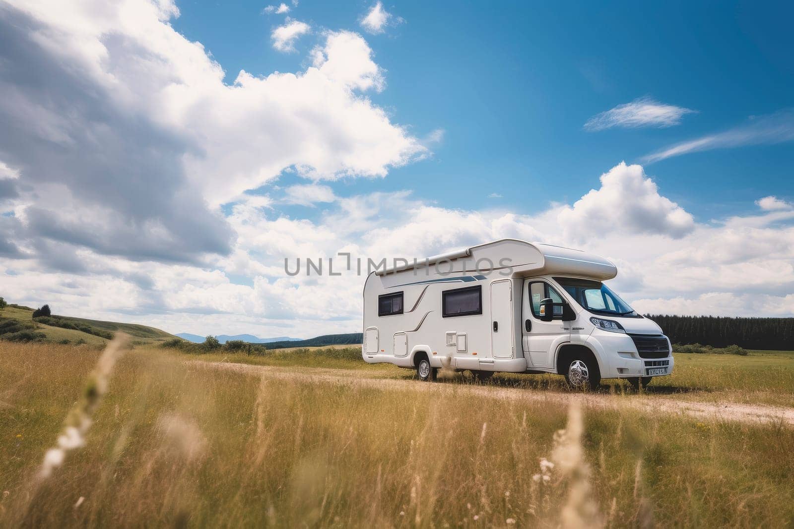 Motorhome parked on rural dirt road with trees and fields under a blue sky. Travel and adventure concept for design and print. Outdoor lifestyle photography