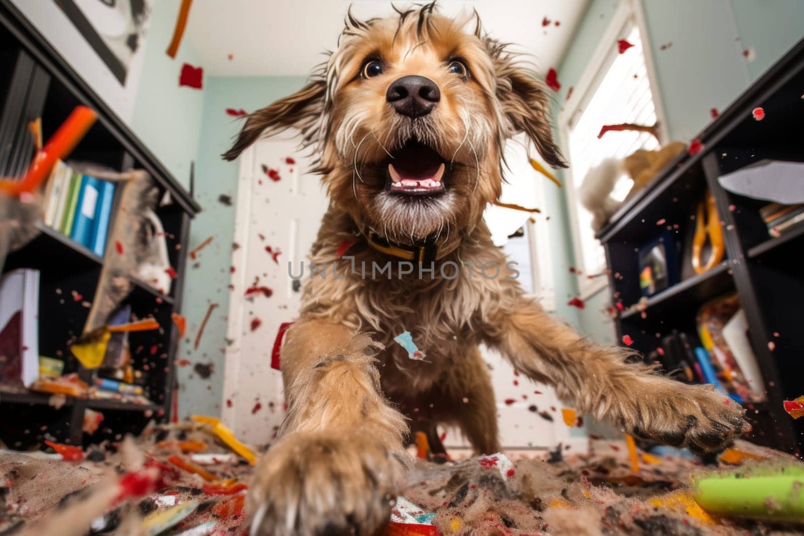 A playful dog amidst a whirlwind of flying pillow stuffing in a living room, embodying chaotic fun.