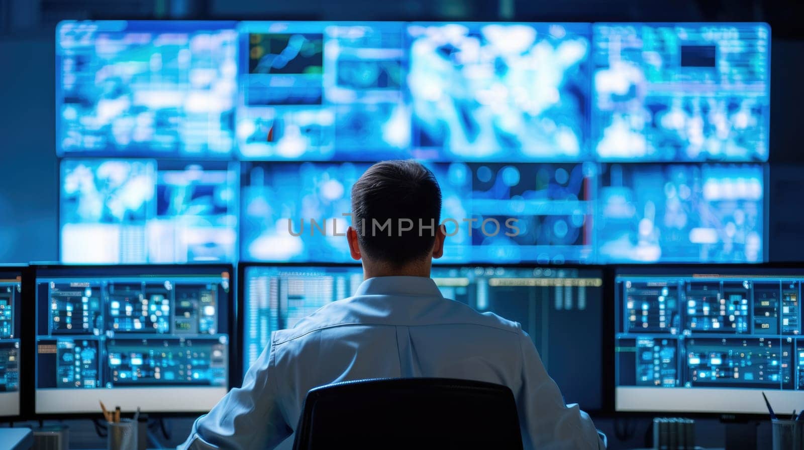 A man, wearing a hat and headphones, sits in front of a multimedia display device in a control room with an electric blue ambiance. AIG41