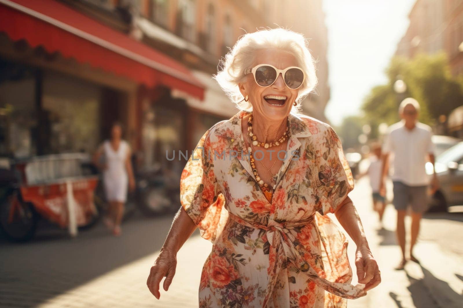Elderly woman dancing on city street. Active seniors and urban lifestyle concept. Candid portrait with copy space for design and print. Joyful motion and freedom theme