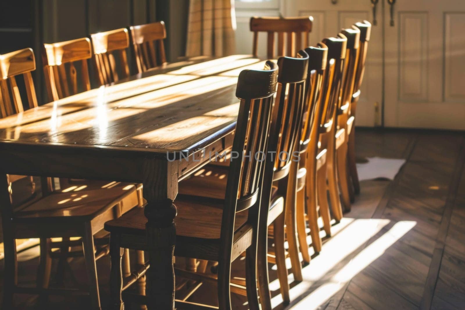 Warm sunlight bathes an empty wooden dining table and chairs, casting soft shadows on the hardwood floor. The arrangement invites a sense of homely comfort and anticipation for a gathering