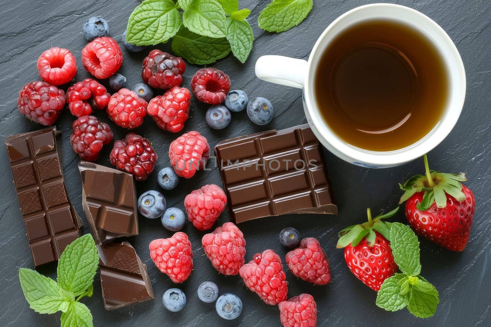 Assortment of berries, chocolate pieces, and mint leaves around a cup of tea on a black slate background. Food pairing and dessert concept for design in recipe books and gastronomy content