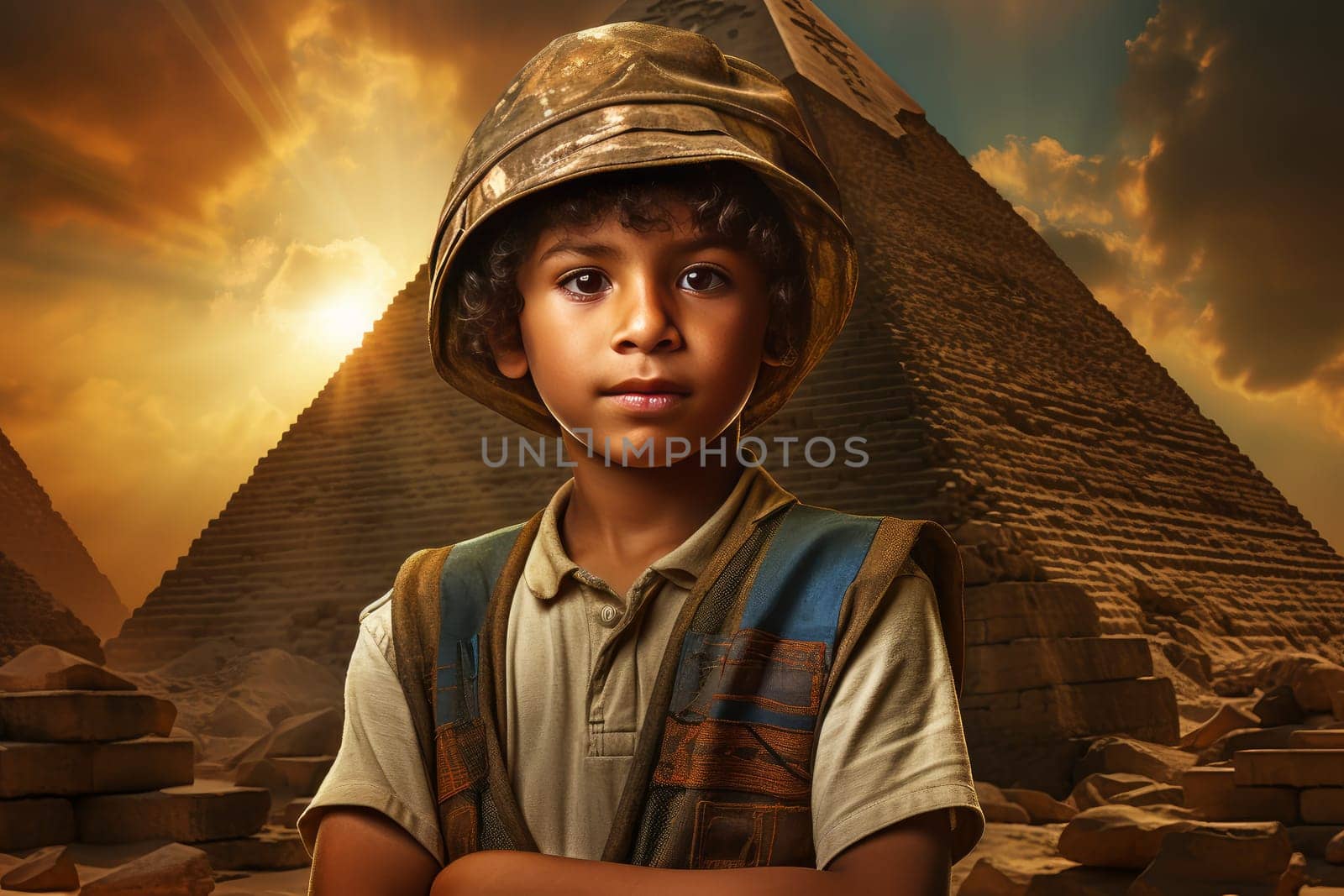 Enchanted Ancient egyptian pyramid child boy. Generate Ai by ylivdesign