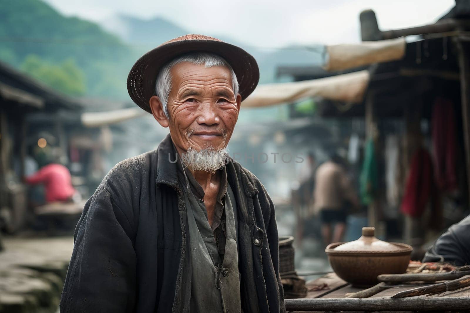 Hardworking Chinese village old person. Walking street. Generate Ai