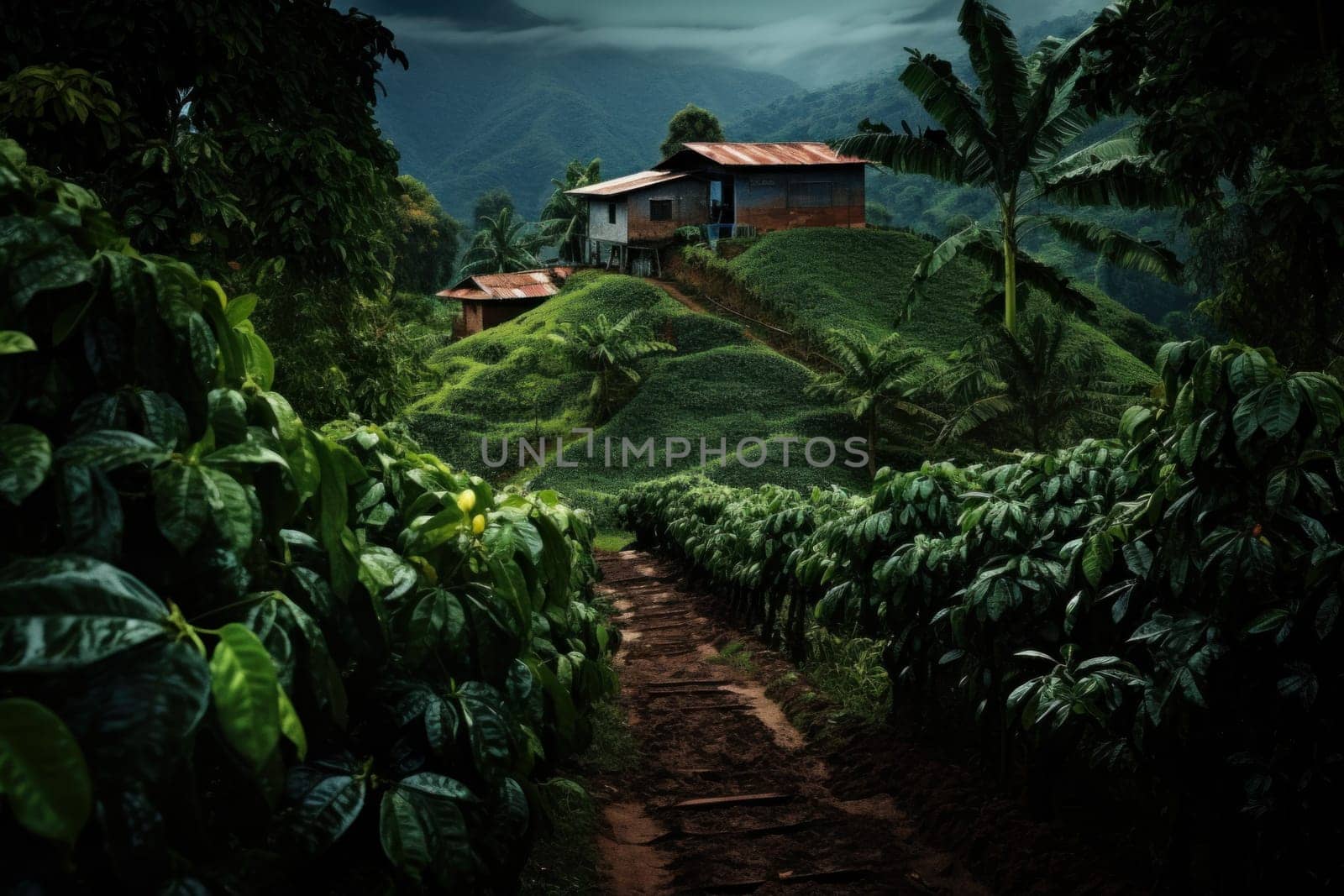 Vibrant Coffee plantation sunset. Seed hill. Generate Ai