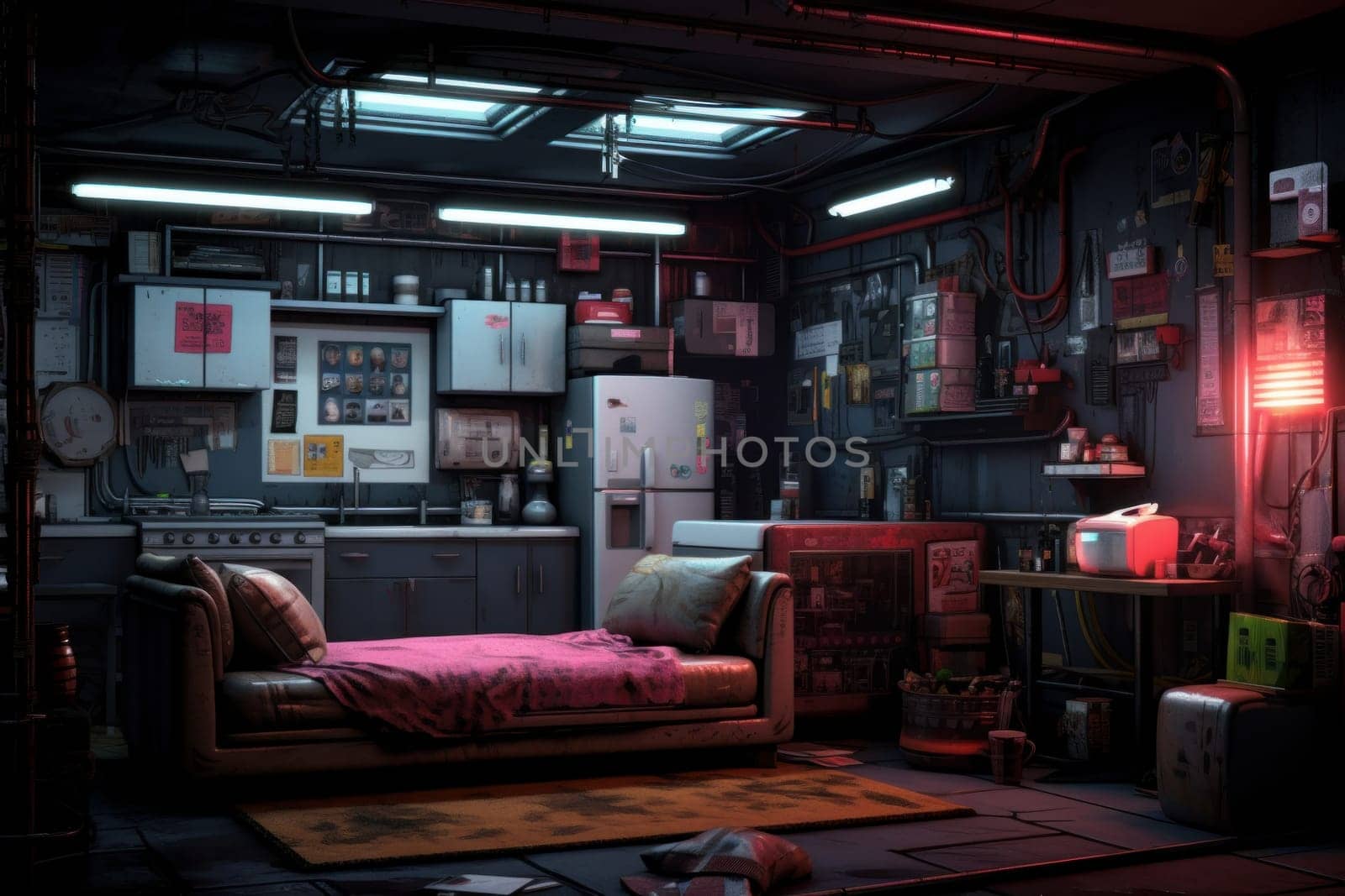 Neon-lit Cyberpunk apartment. Futuristic room house. Generate Ai