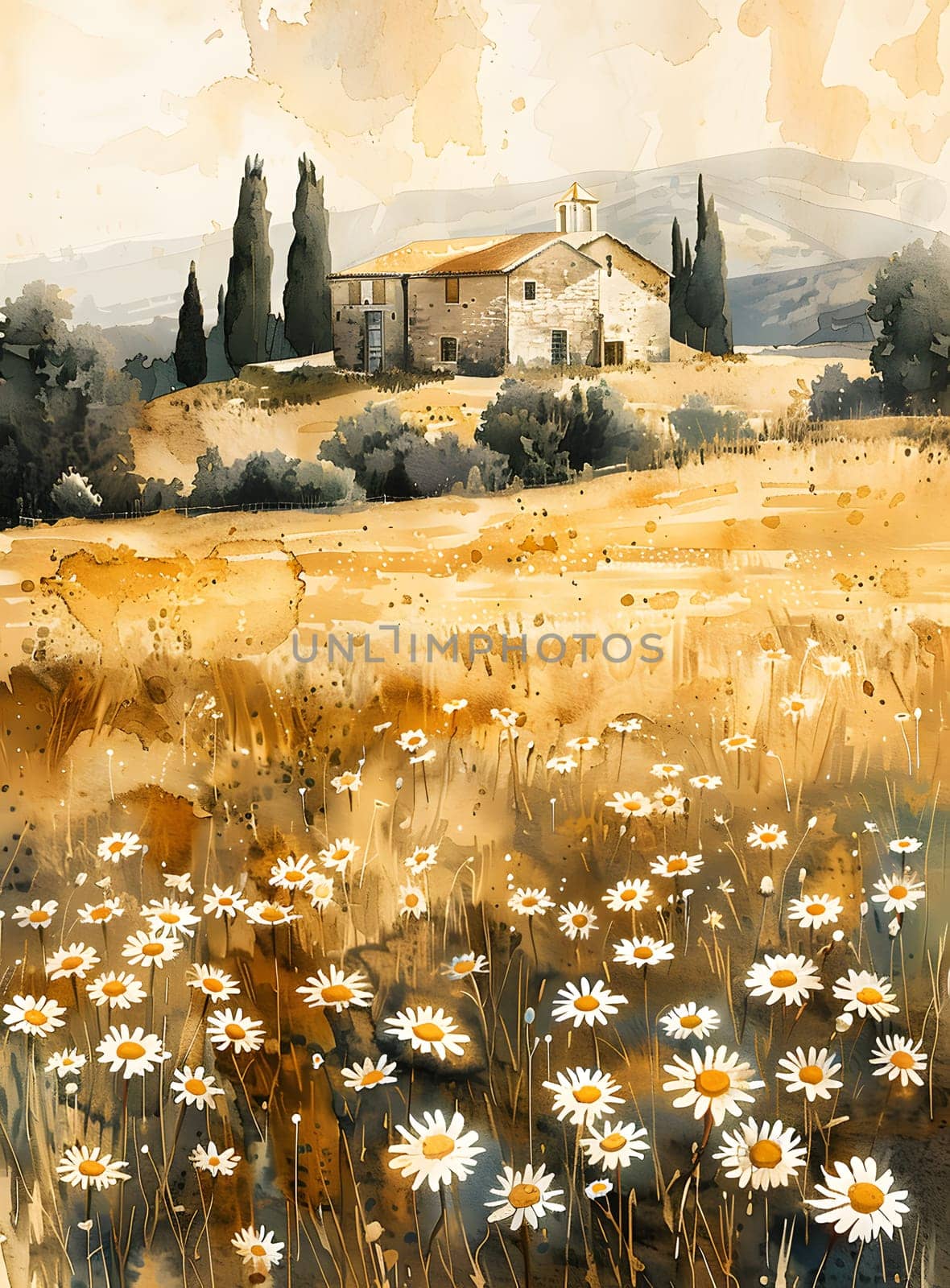 A field of daisies with a house in the background, under a sunny sky by Nadtochiy