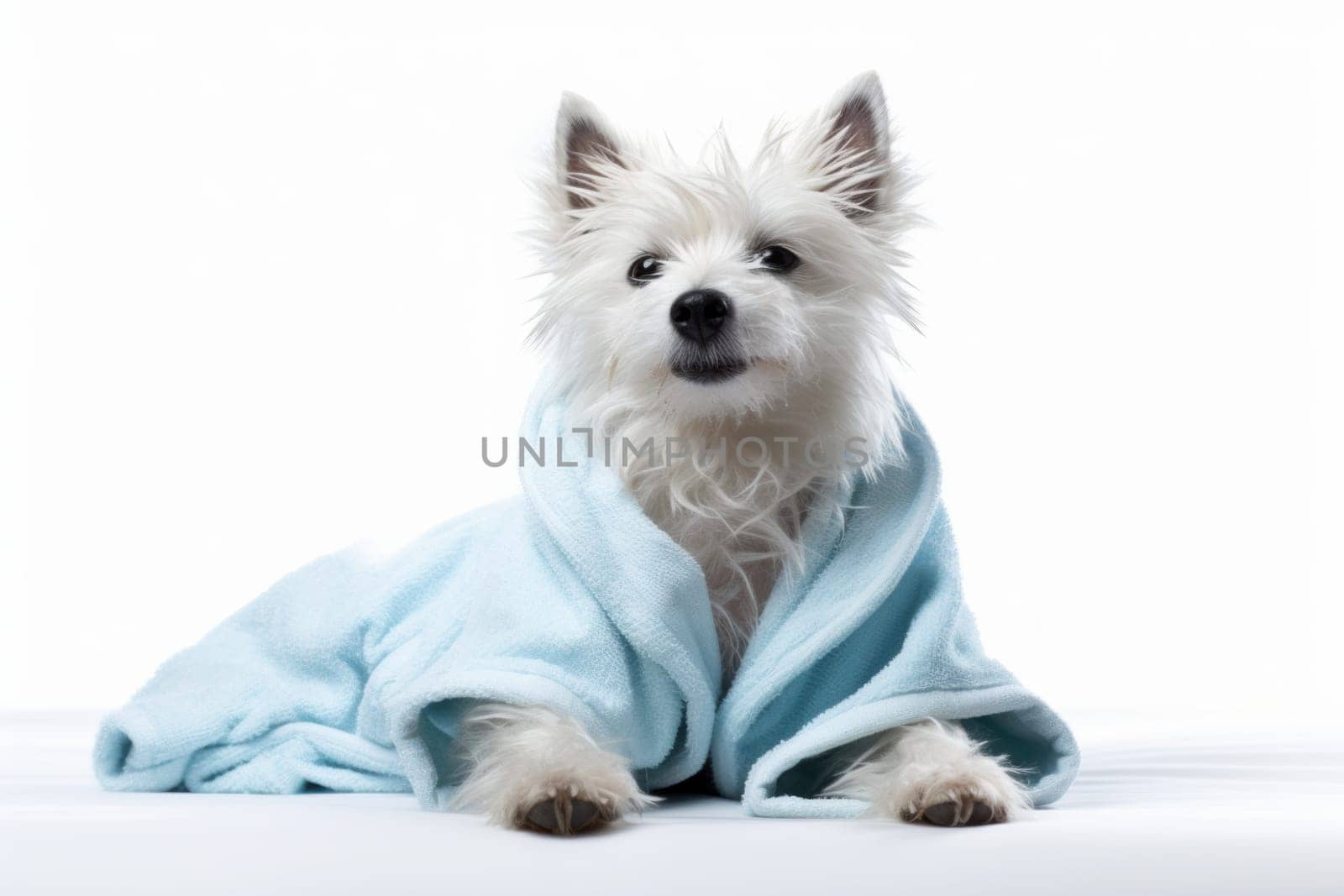 Luxurious Dog white bathrobe. Relax shower. Generate Ai