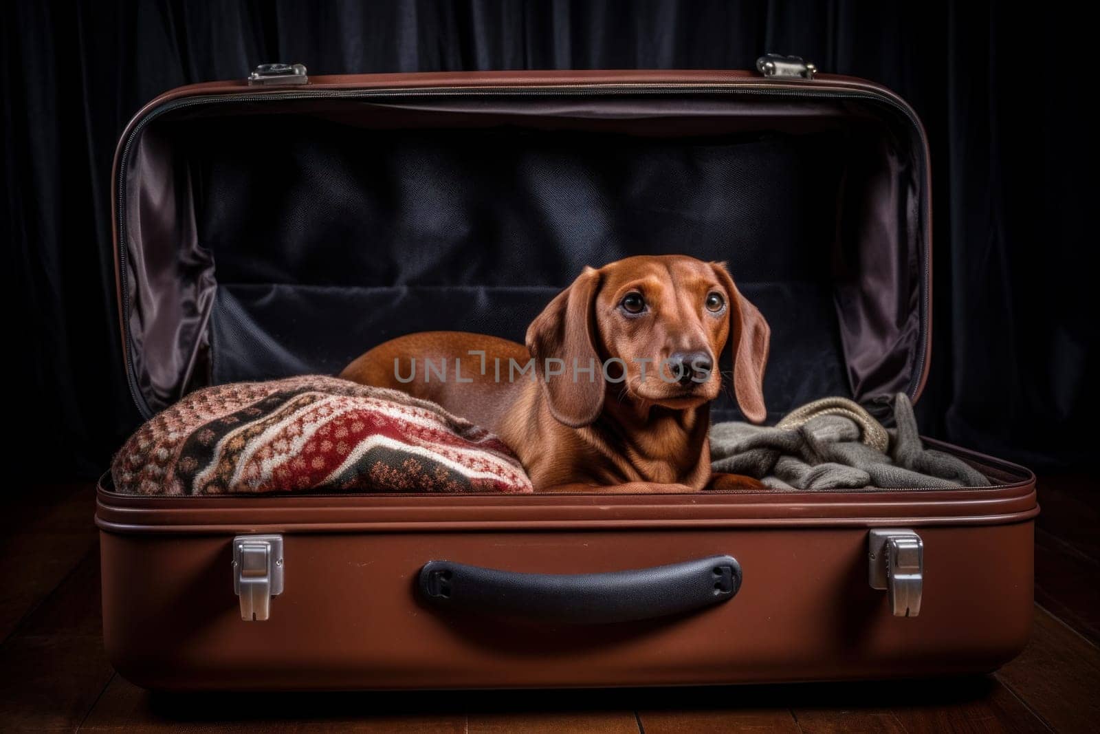 Curious Dog sit at open suitcase. Vacation travel. Generate Ai