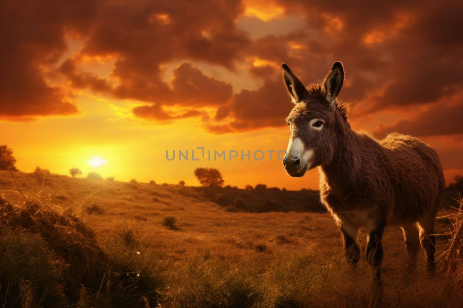 Tranquil Donkey field sunset. Cute summer rural. Generate Ai