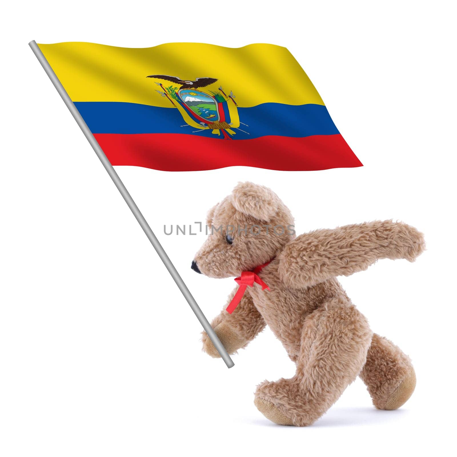 An Ecuador flag being carried by a cute teddy bear