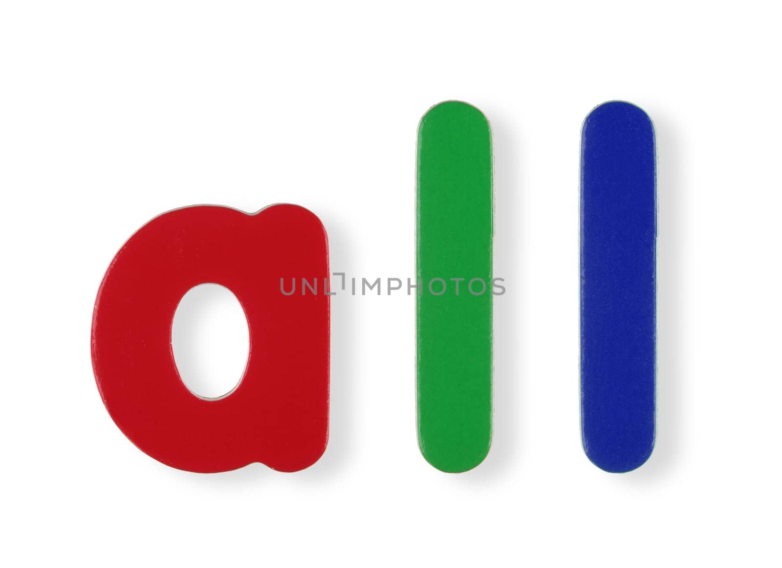 An all word in coloured magnetic letters on white with clipping path to remove shadow