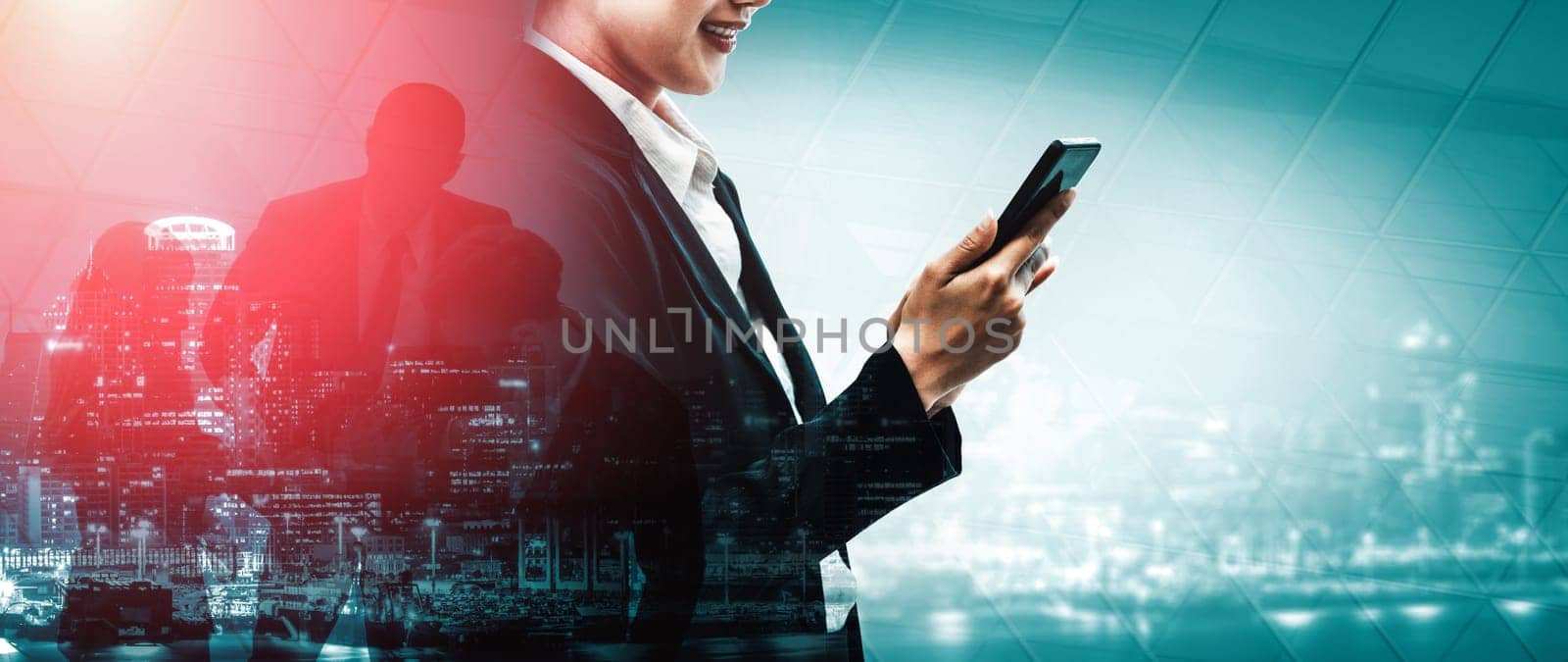 Double Exposure Image of Business Communication Network Technology Concept - Business people using smartphone or mobile phone device on modern cityscape background. uds