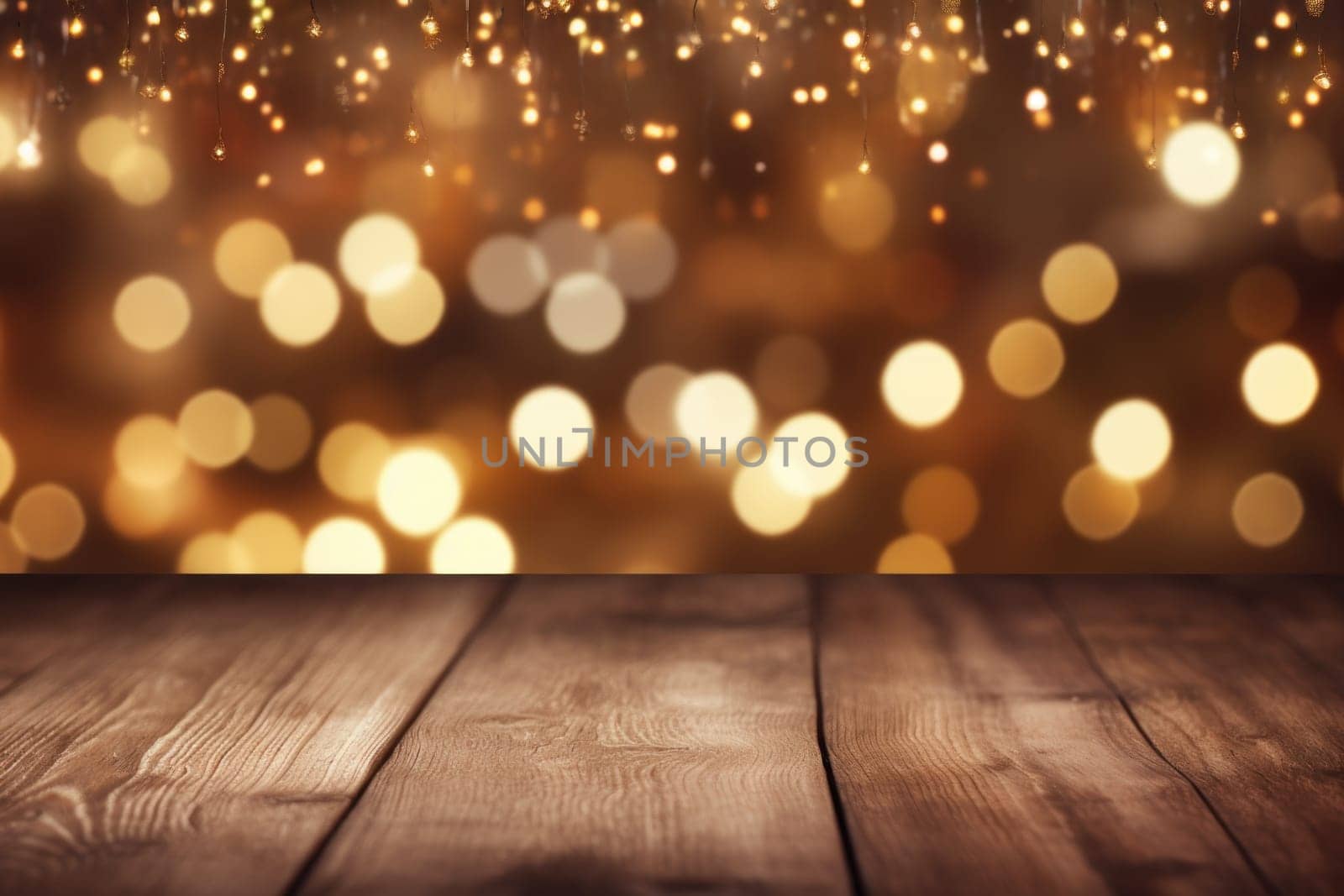 Warm Christmas bokeh wooden background. Rustic xmas stage. Generate Ai