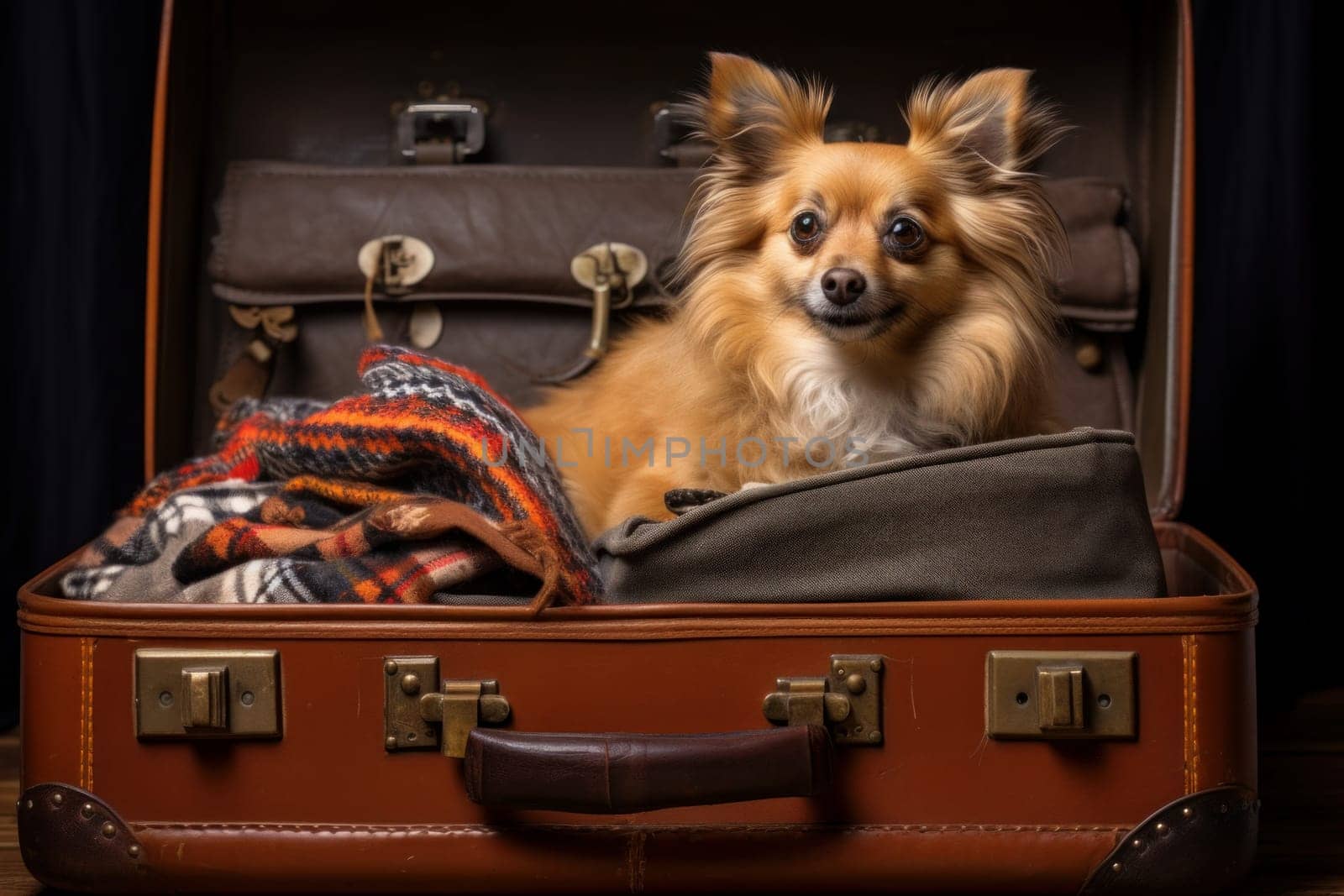 Attentive Dog sit at open suitcase. Vacation travel. Generate Ai