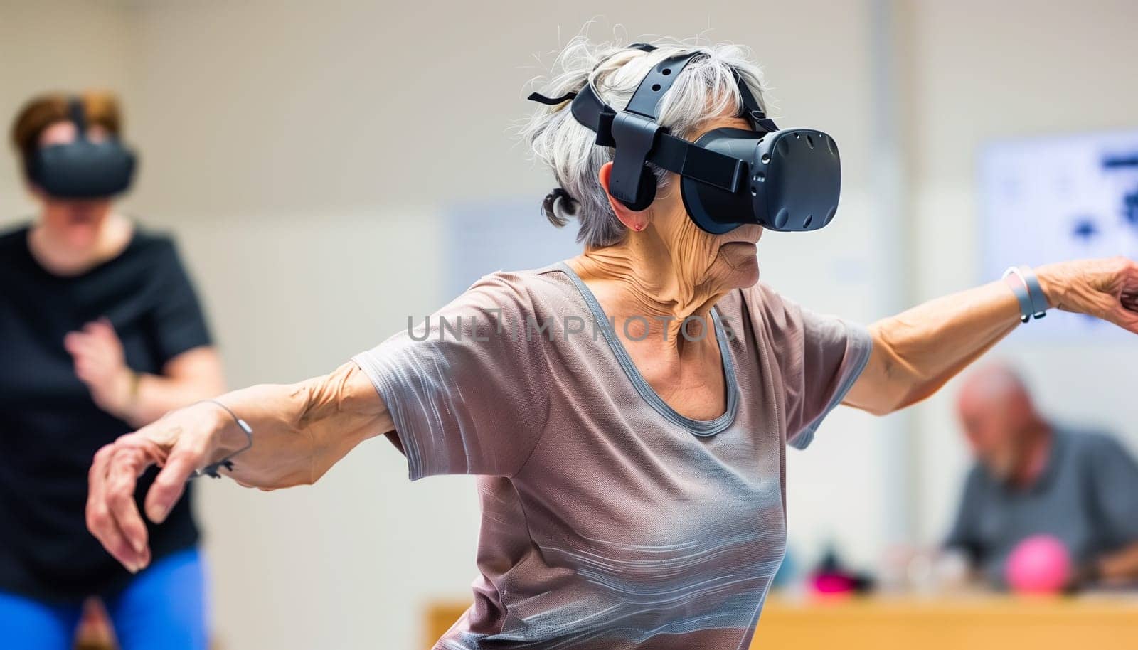 One woman mature senior caucasian female enjoy virtual reality by sarymsakov